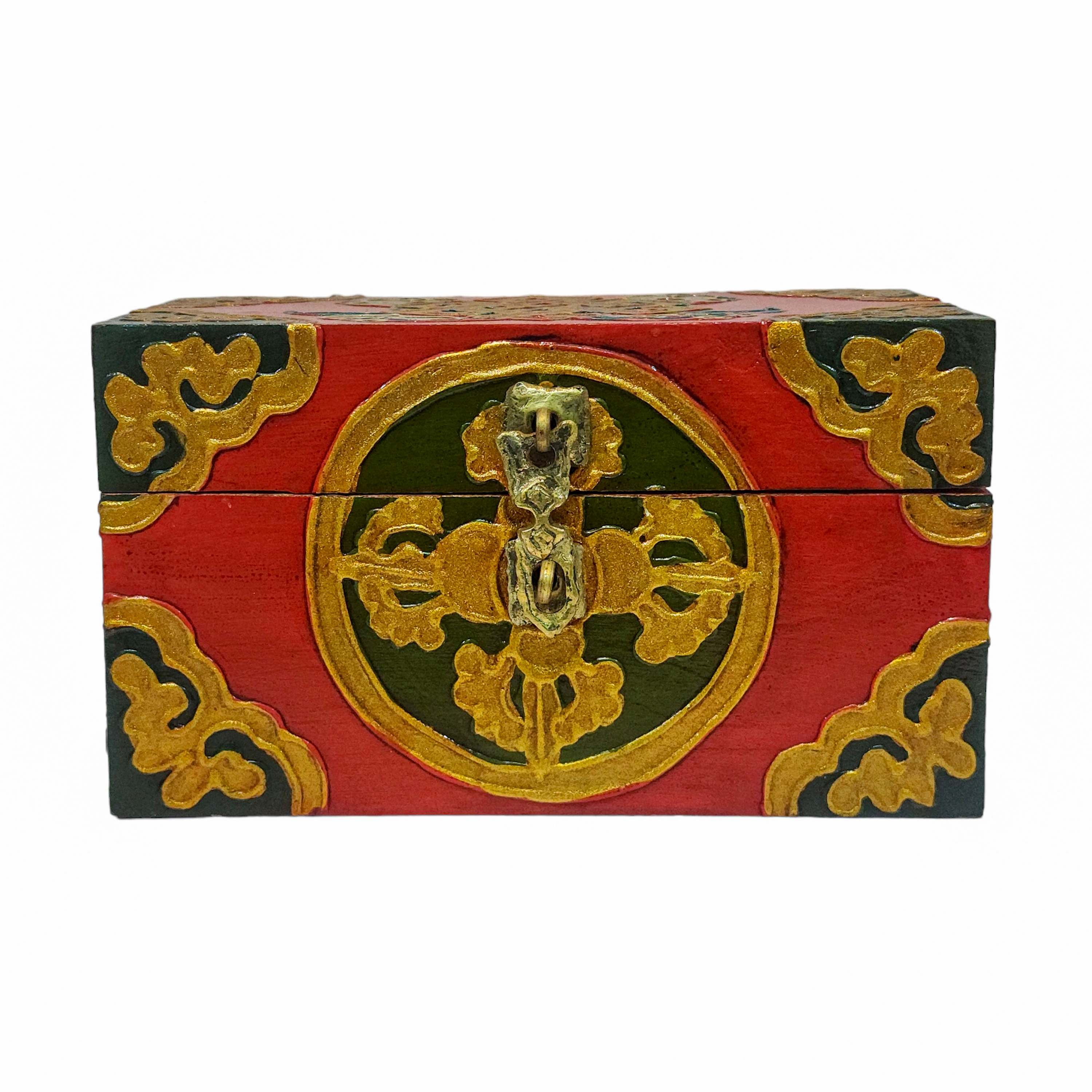 Tibetan Ritual Wooden Box, Traditional Color Painted