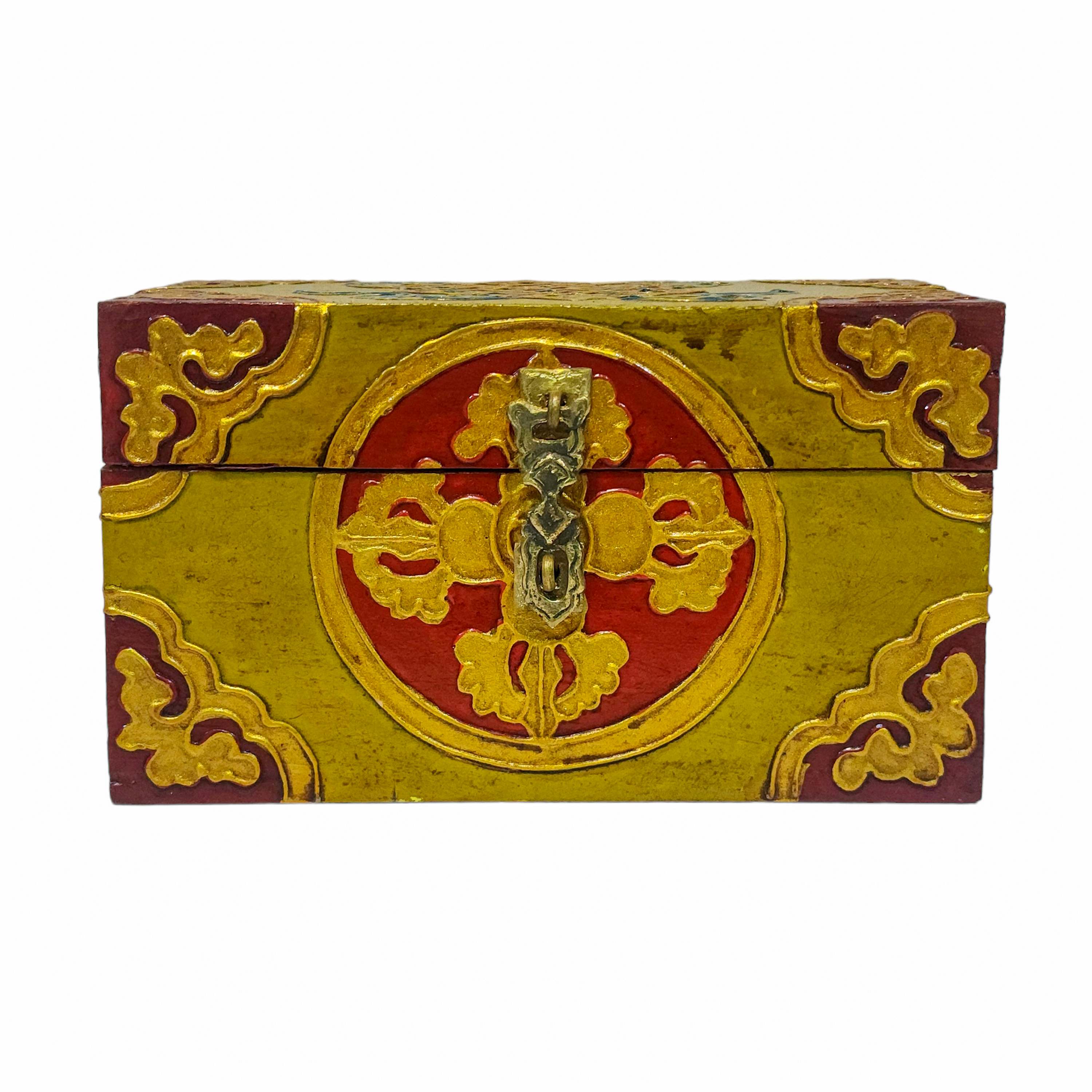 Tibetan Ritual Wooden Box, Traditional Color Painted