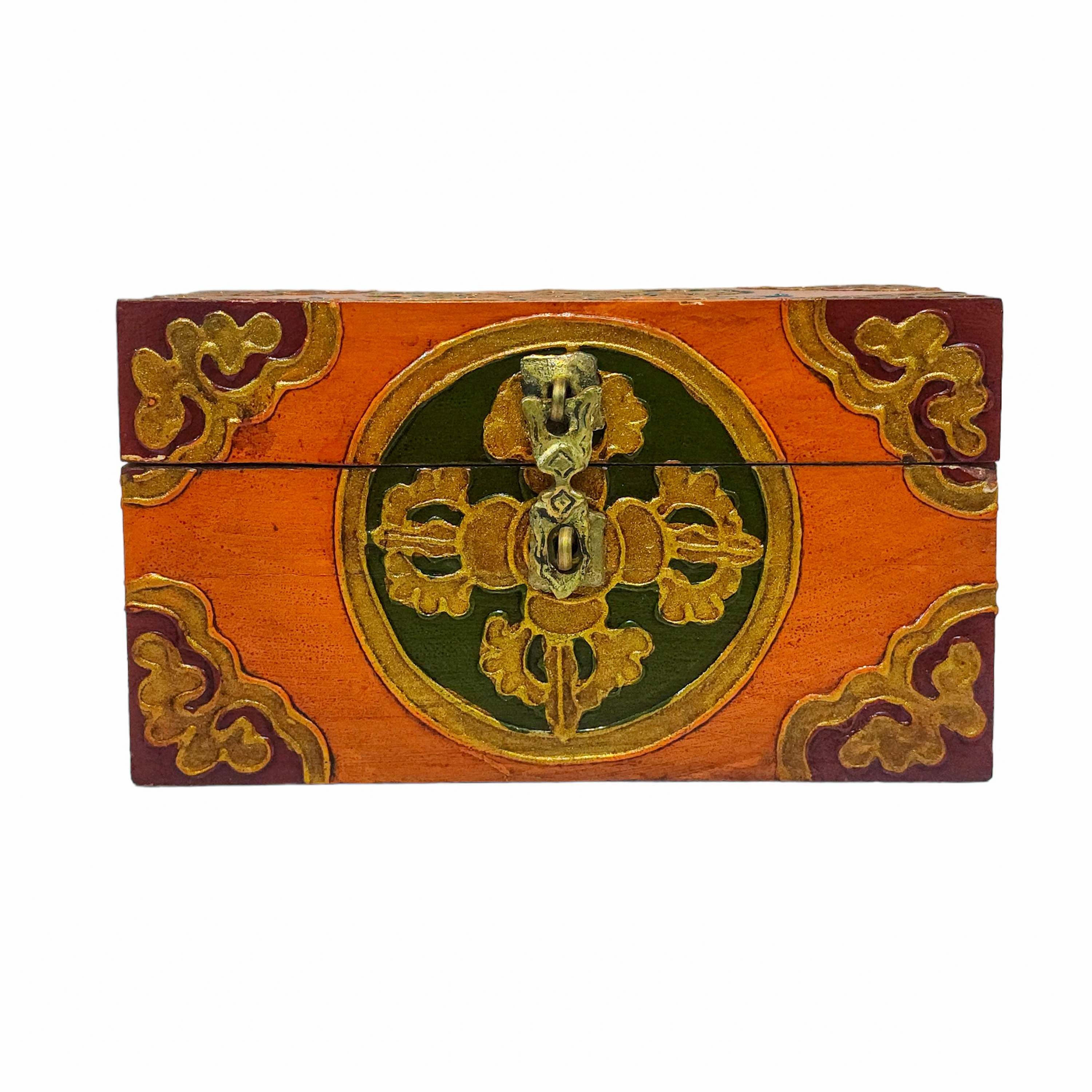 Tibetan Ritual Wooden Box, Traditional Color Painted