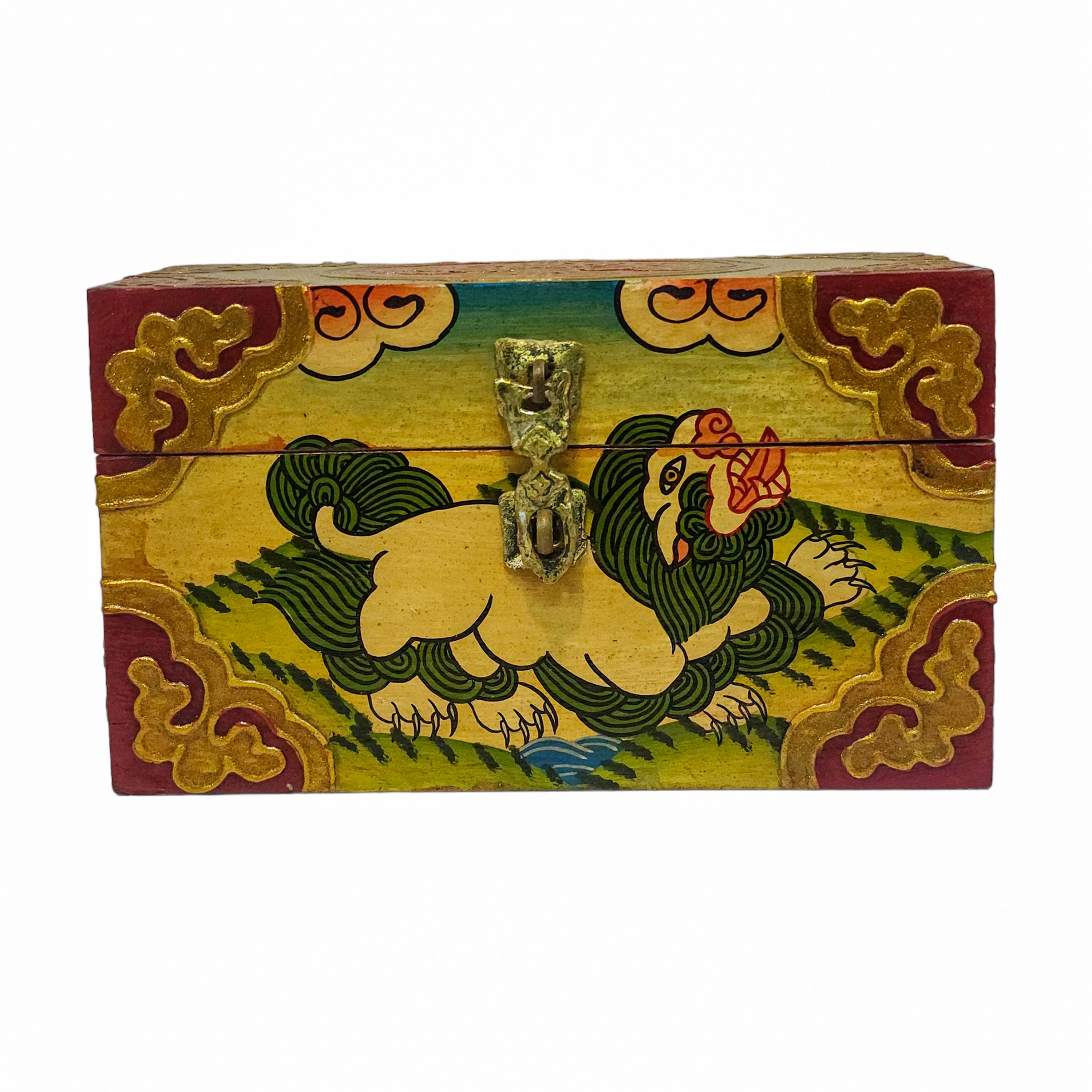 Tibetan Ritual Wooden Box, Traditional Color Painted