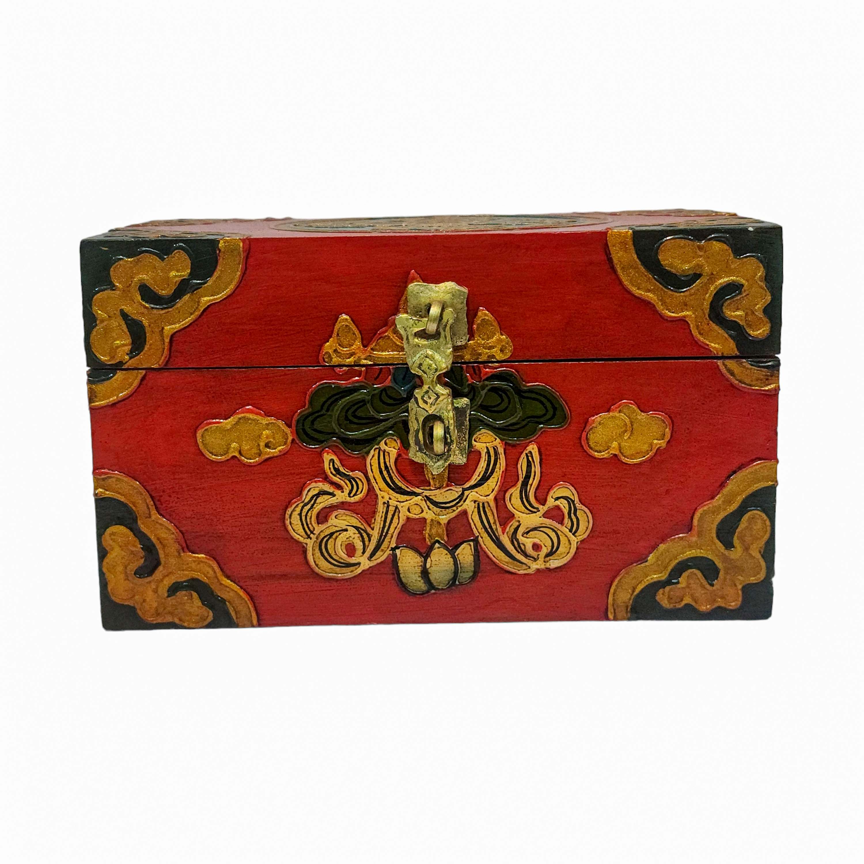 Tibetan Ritual Wooden Box, Traditional Color Painted