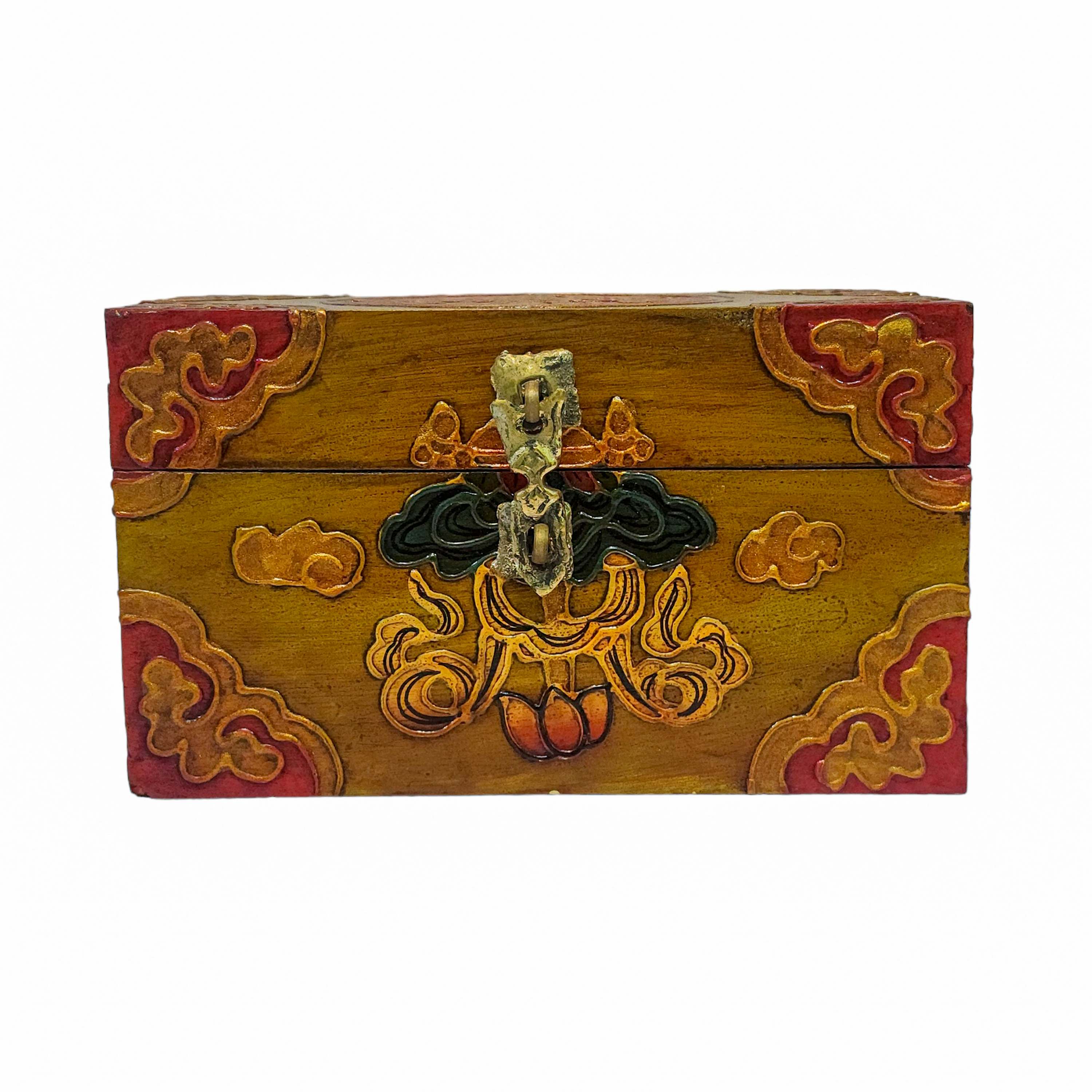 Tibetan Ritual Wooden Box, Traditional Color Painted