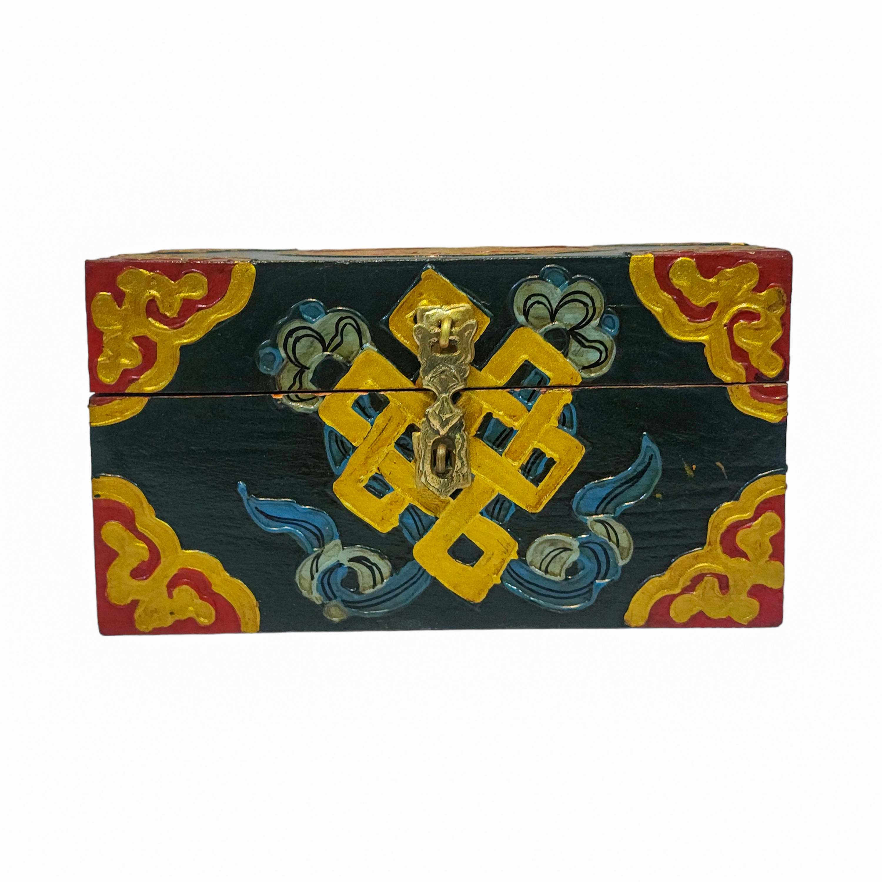 Tibetan Ritual Wooden Box, Traditional Color Painted