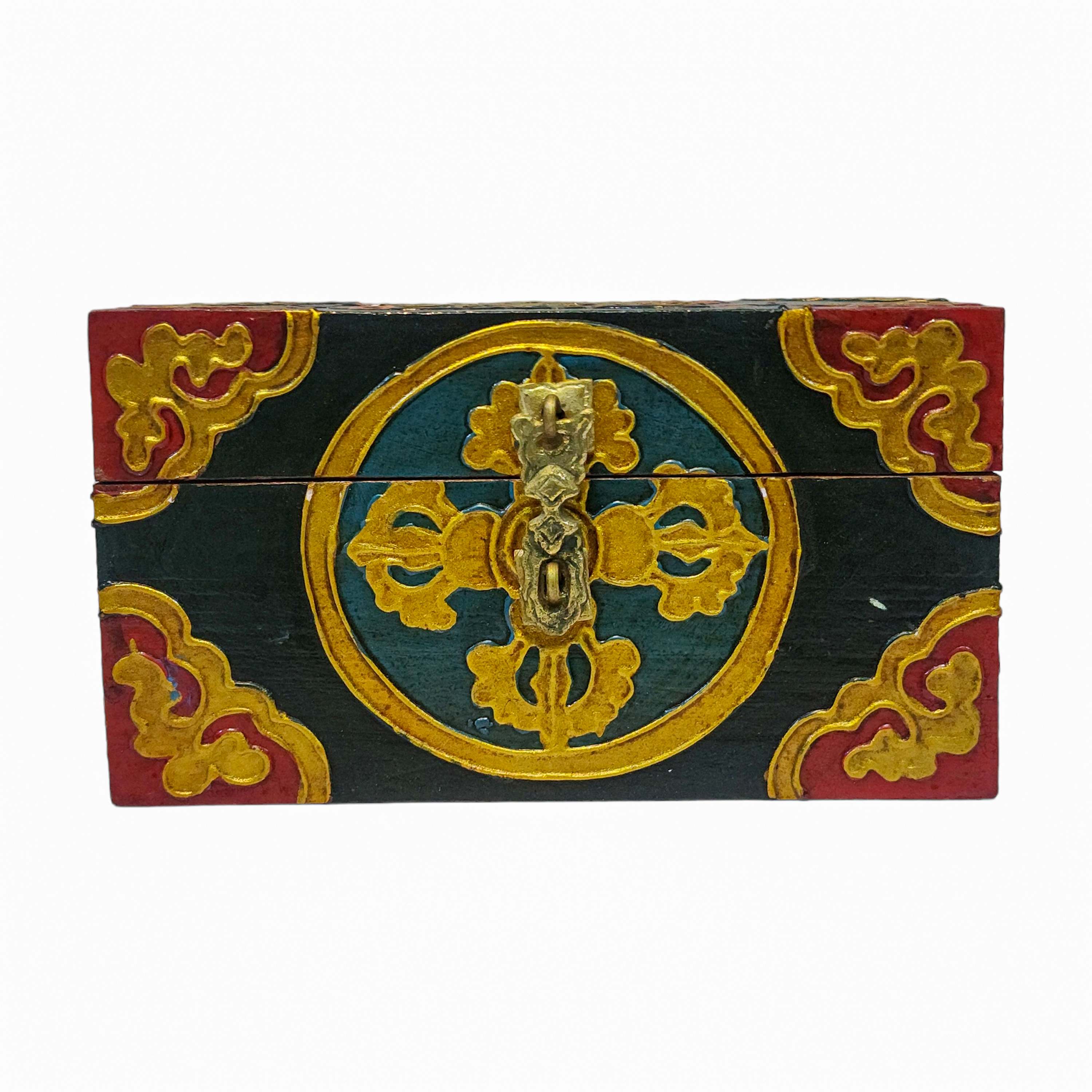 Tibetan Ritual Wooden Box, Traditional Color Painted