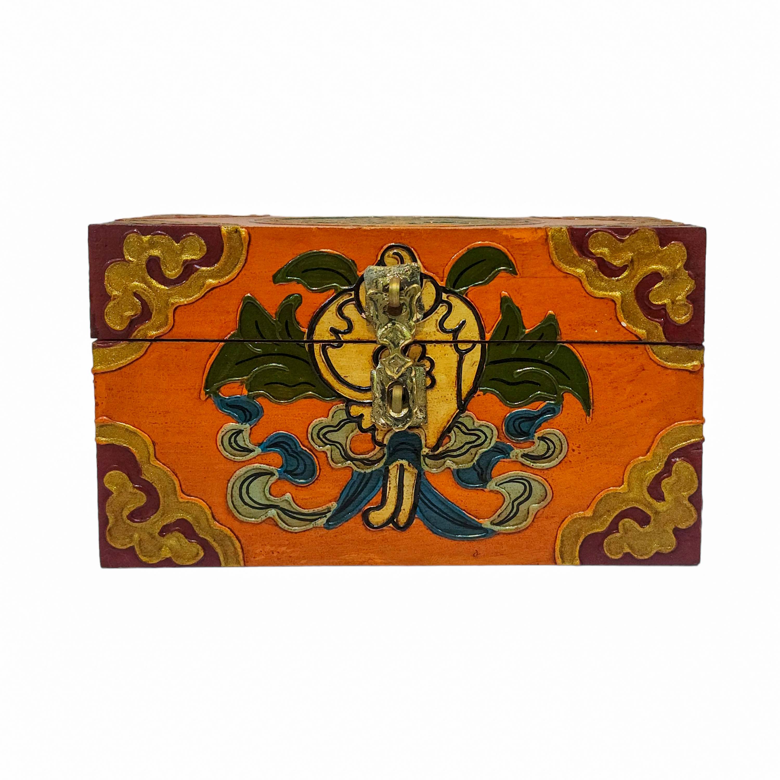 Tibetan Ritual Wooden Box, Traditional Color Painted