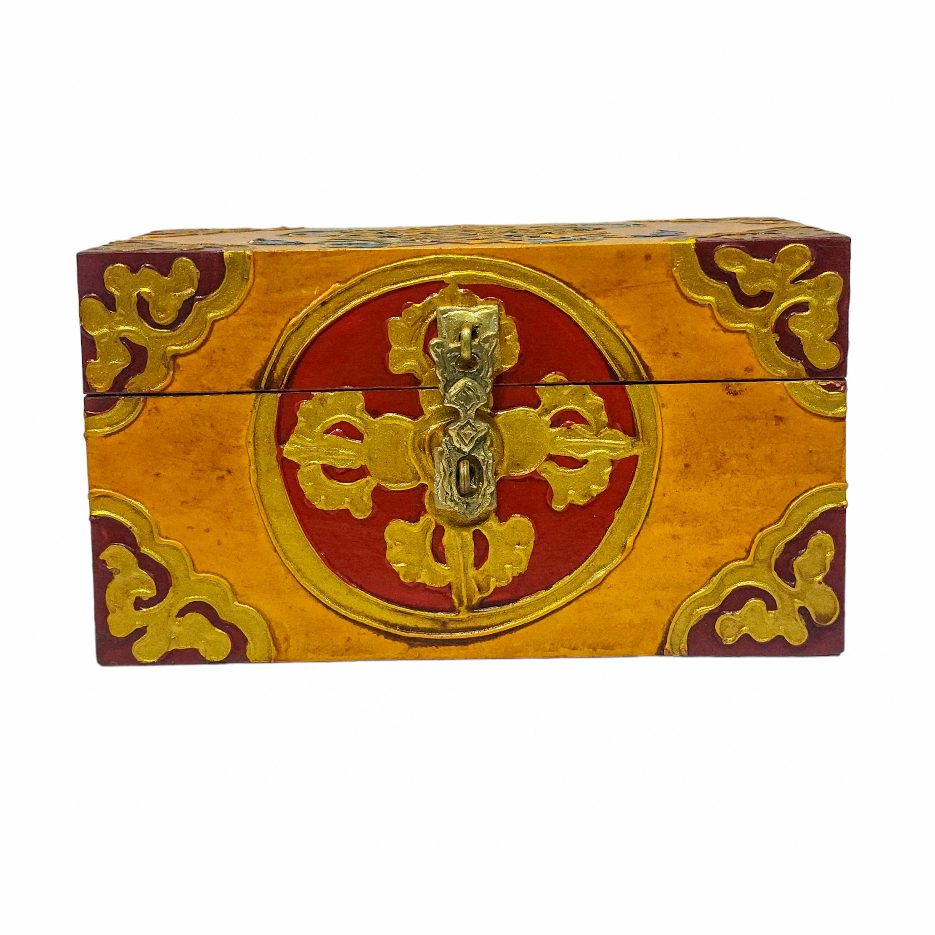 Tibetan Ritual Wooden Box, Traditional Color Painted