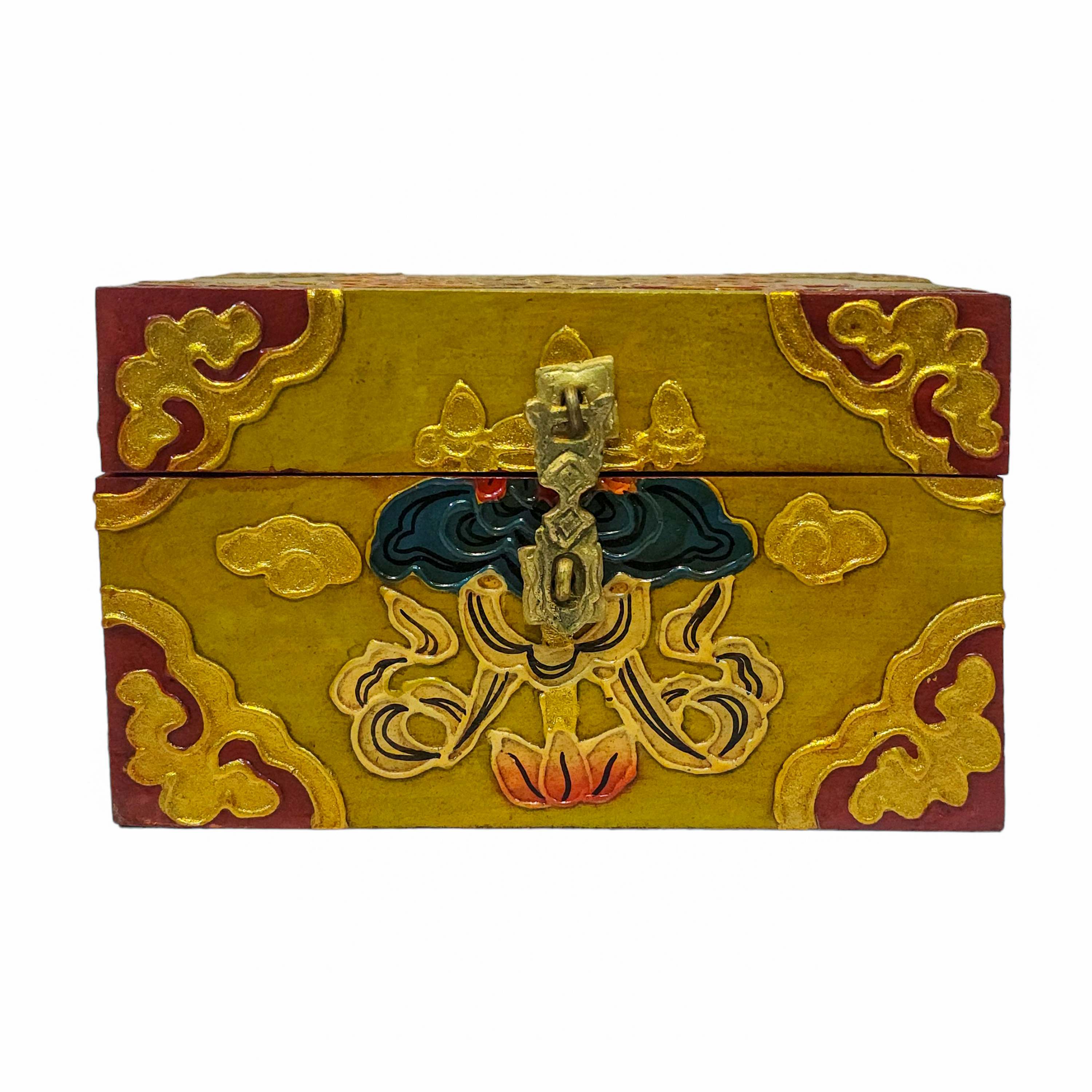 Tibetan Ritual Wooden Box, Traditional Color Painted