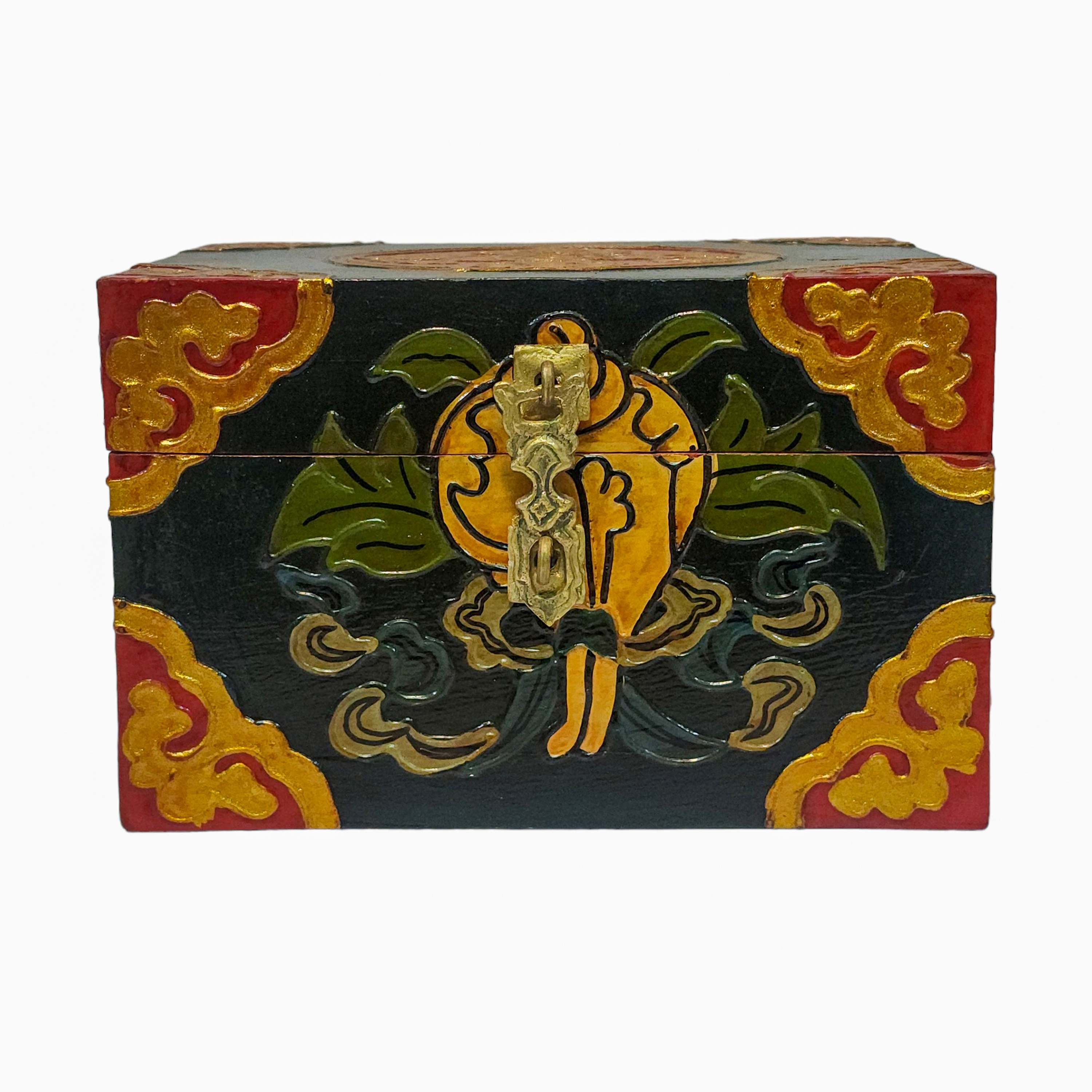 Tibetan Ritual Wooden Box, Traditional Color Painted, Wooden Tibetan Box