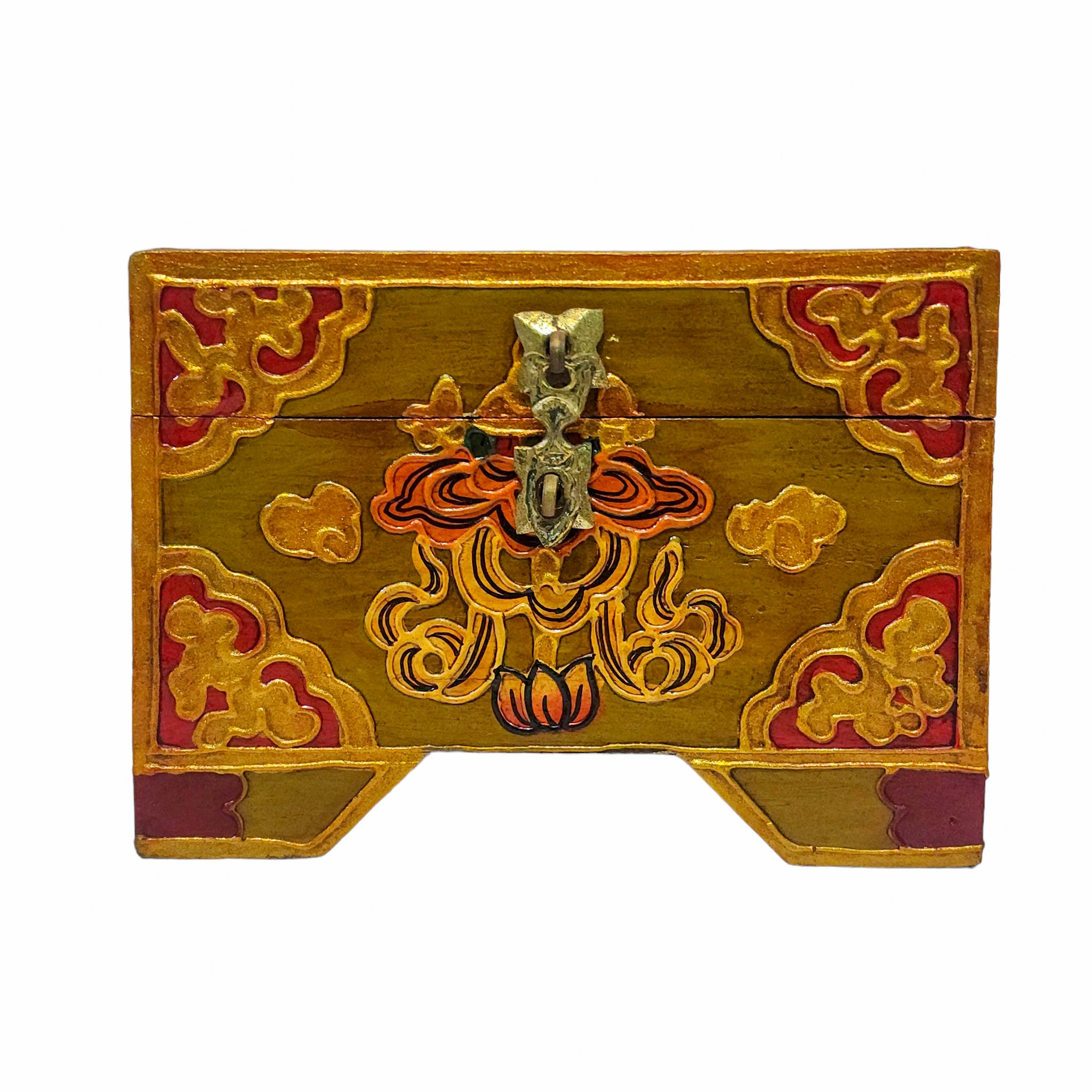 Tibetan Ritual Wooden Box, Traditional Color Painted