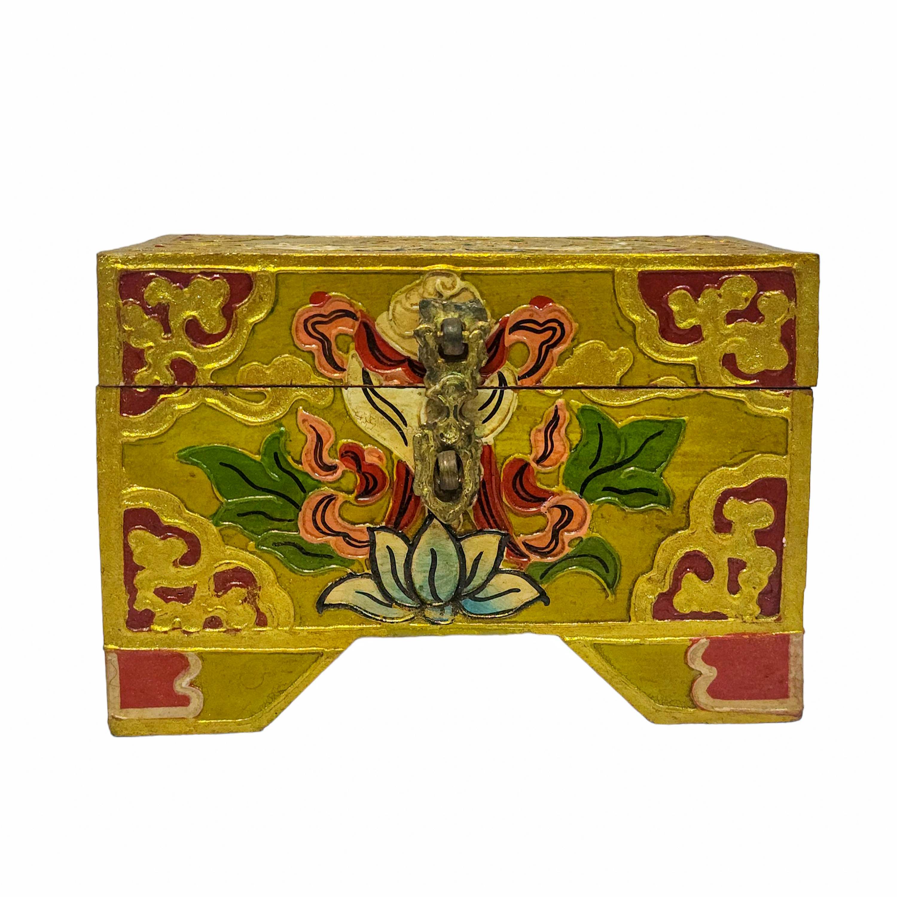 Tibetan Ritual Wooden Box, Traditional Color Painted, Wooden Tibetan Box