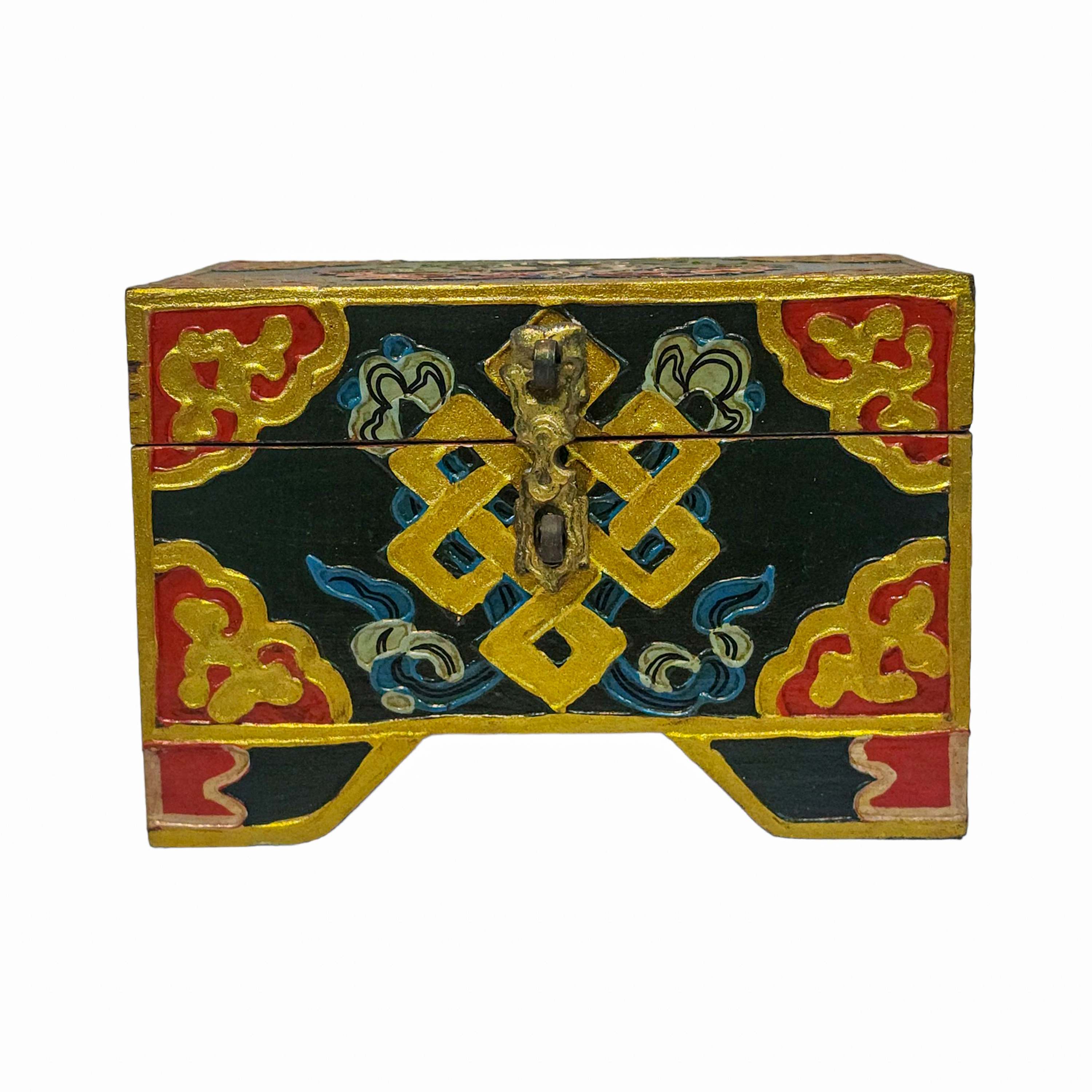 Tibetan Ritual Wooden Box, Traditional Color Painted, Wooden Tibetan Box