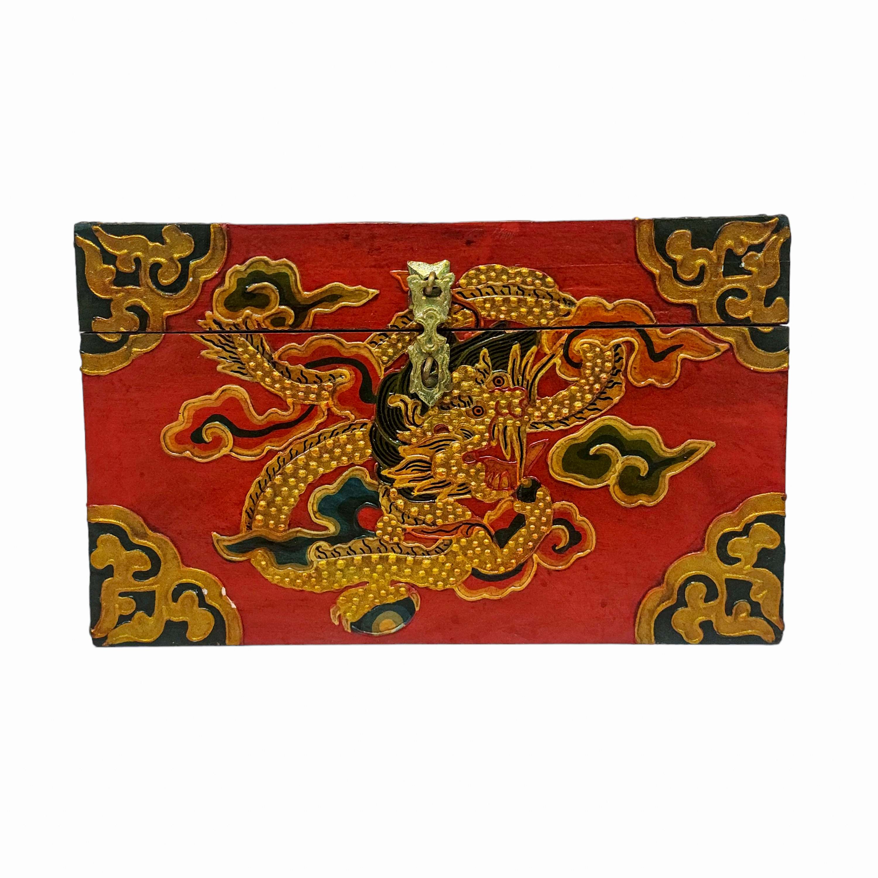 Tibetan Ritual Wooden Box, Traditional Color Painted, Wooden Tibetan Box