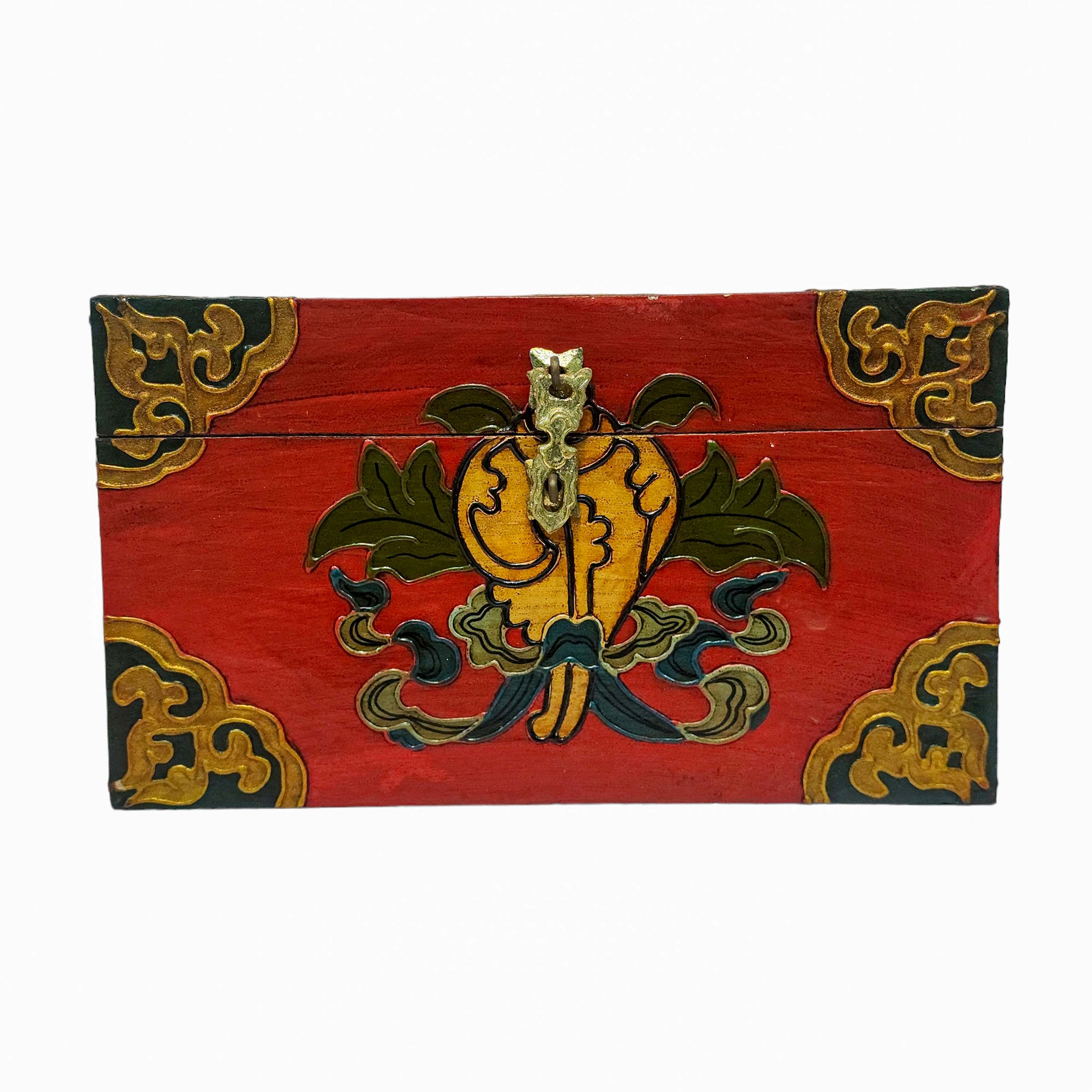 Tibetan Ritual Wooden Box, Traditional Color Painted, Wooden Tibetan Box