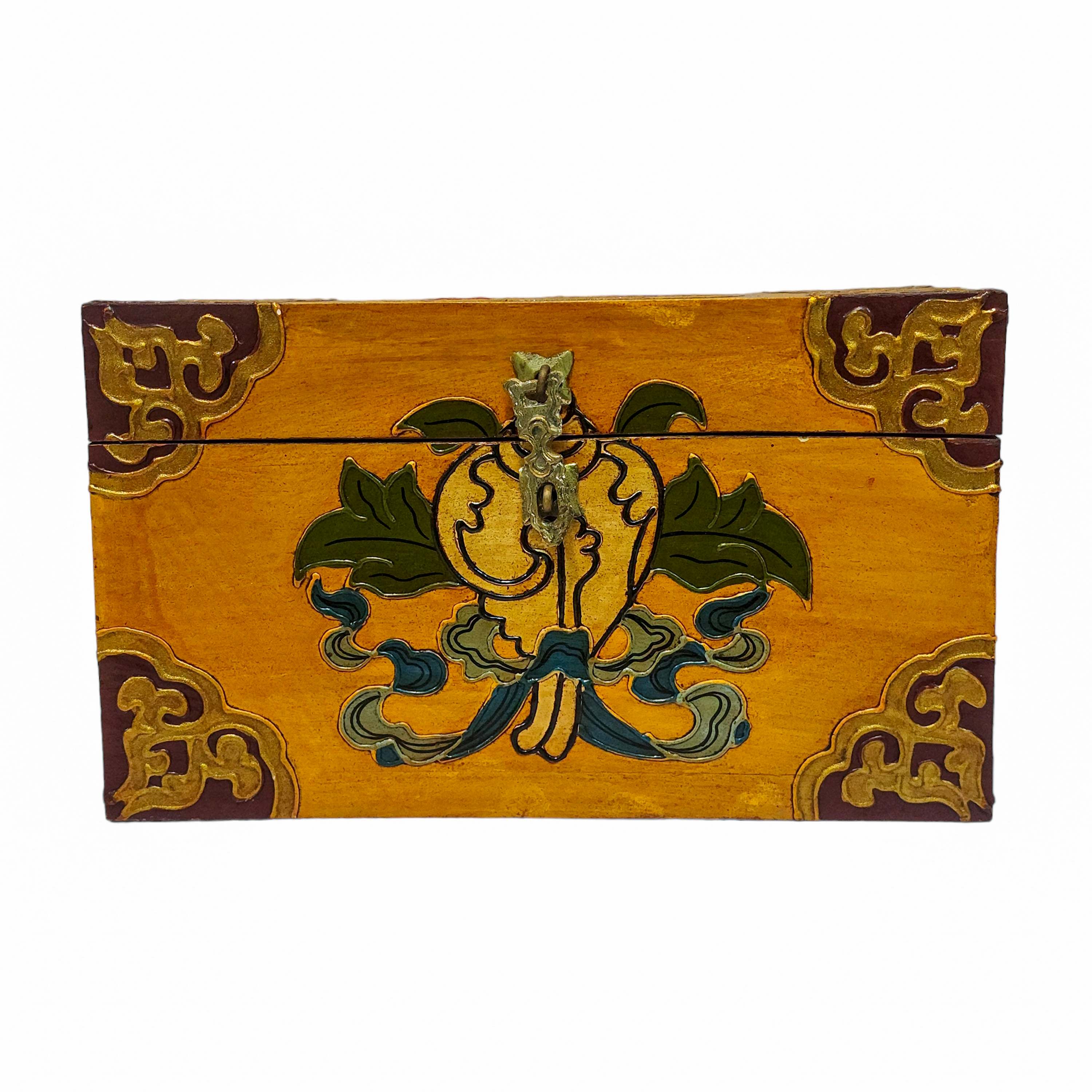 Tibetan Ritual Wooden Box, Traditional Color Painted, Wooden Tibetan Box