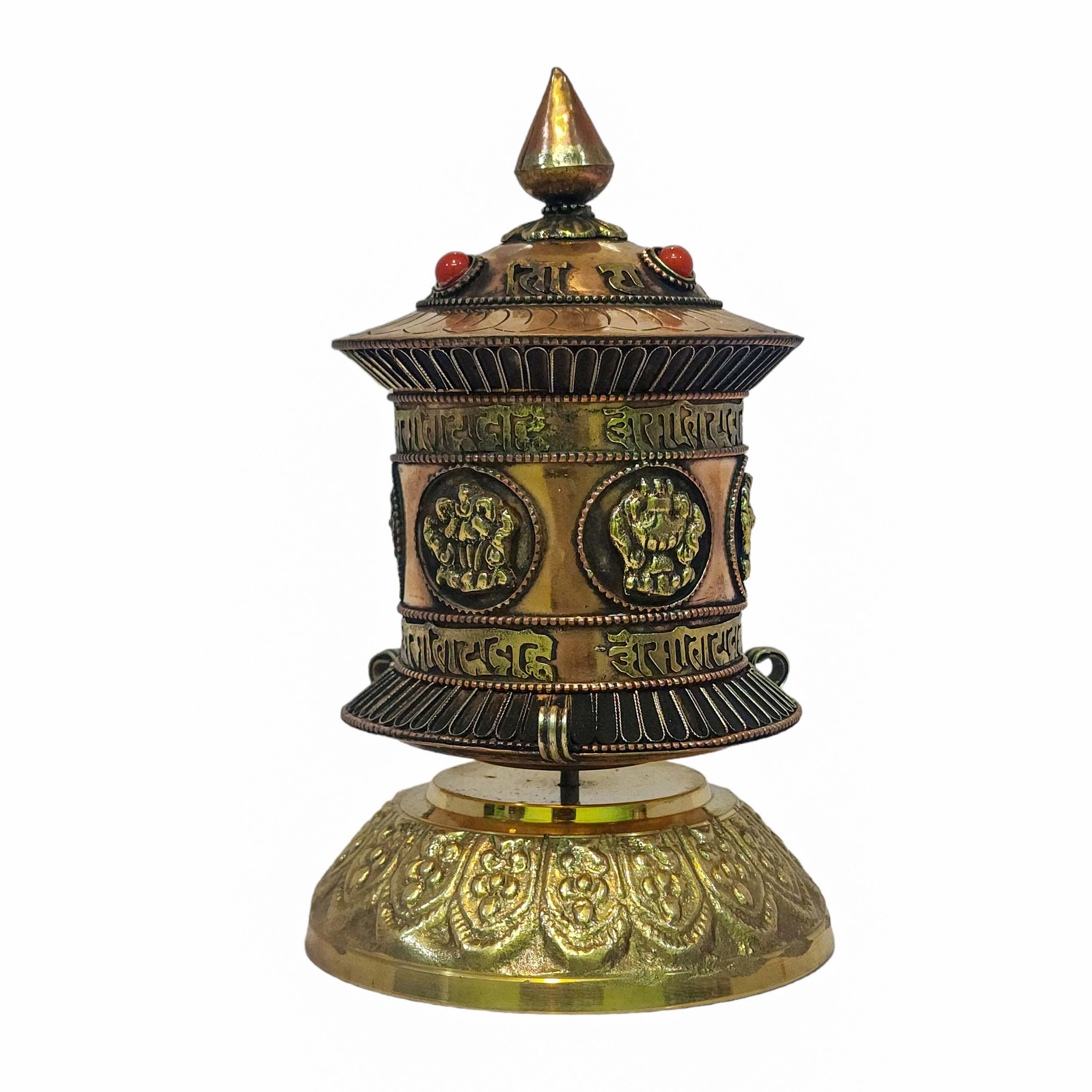 Table Top Prayer Wheel, Buddhist Handmade Prayer Wheel With Carved Mantra, Ashtamangala