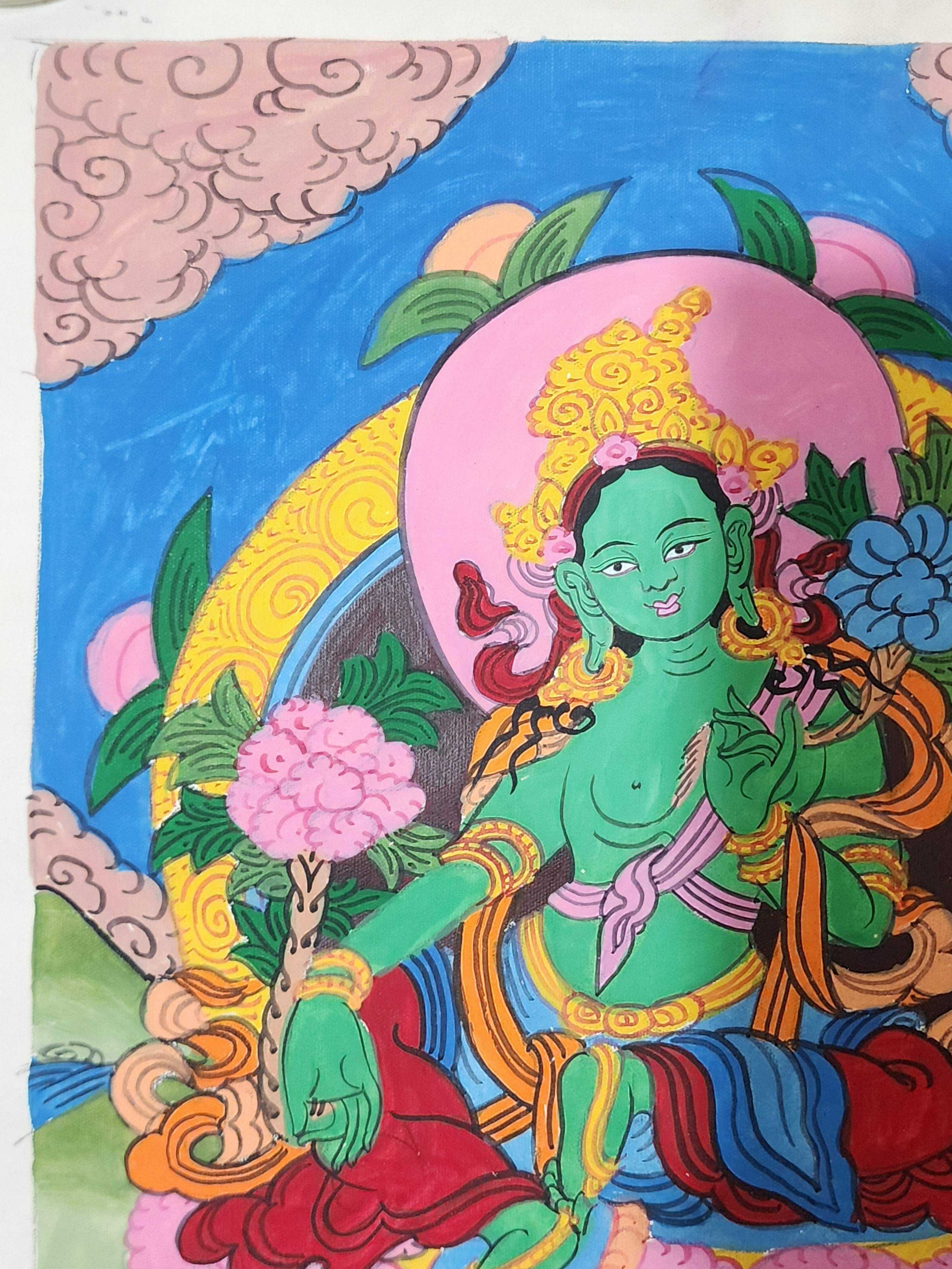 Green Tara Thangka, Buddhist Traditional Painting, Hand Painted