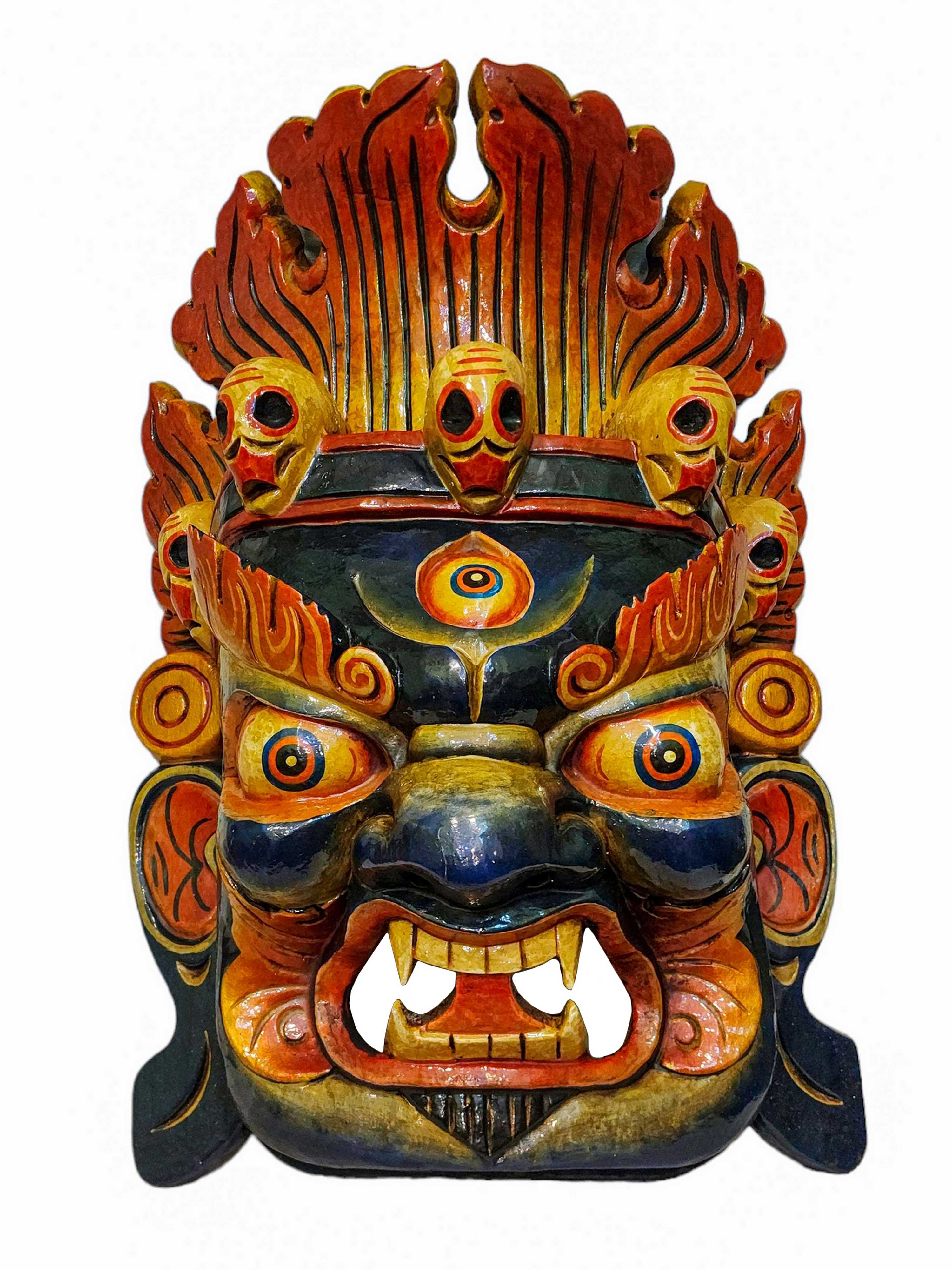 fire Bhairava, Handmade Wooden Mask, Wall Hanging, painted, Poplar Wood