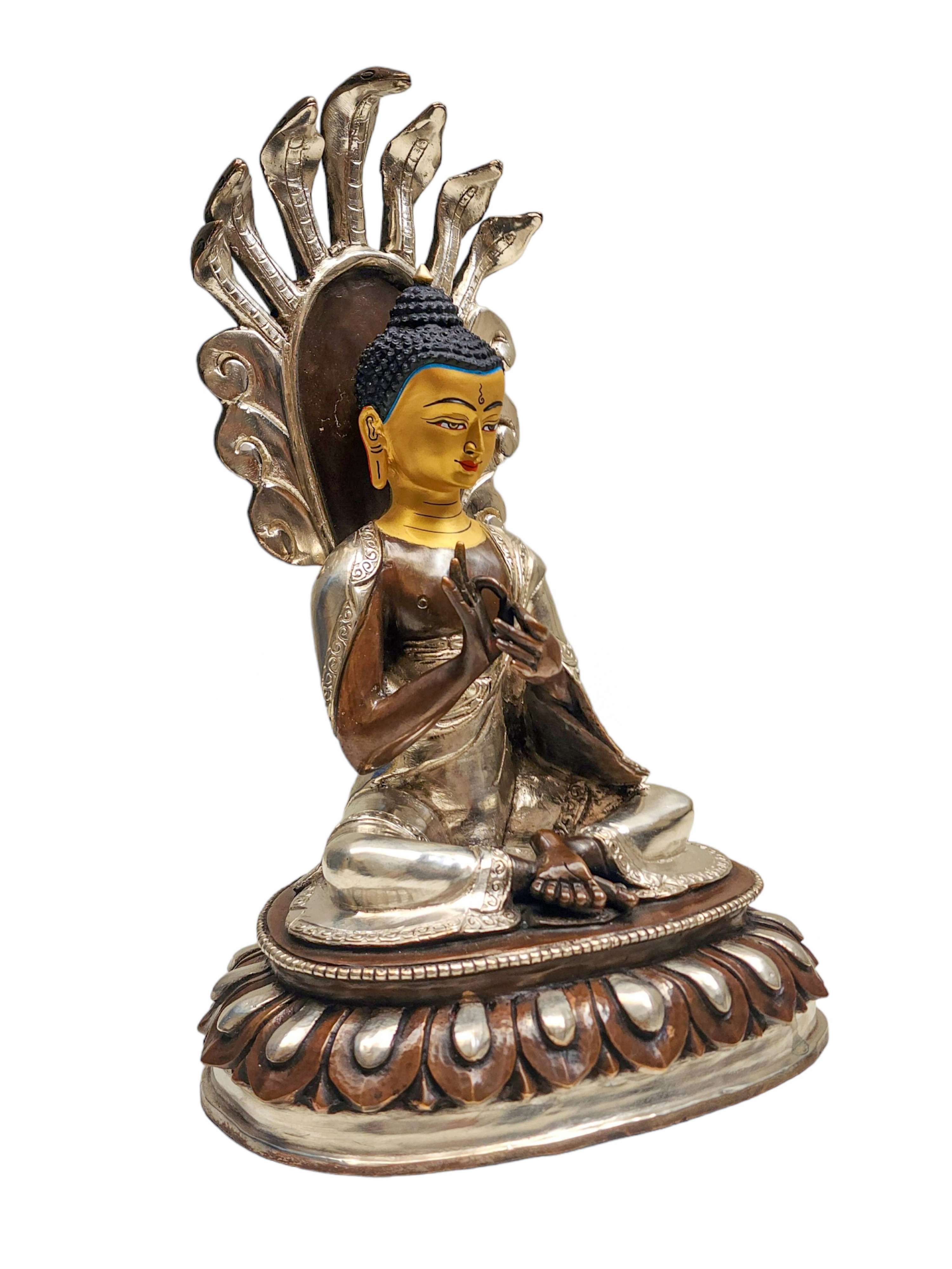 nagarjuna Buddha, Buddhist Handmade Statue With Silver Plating And Face Painted