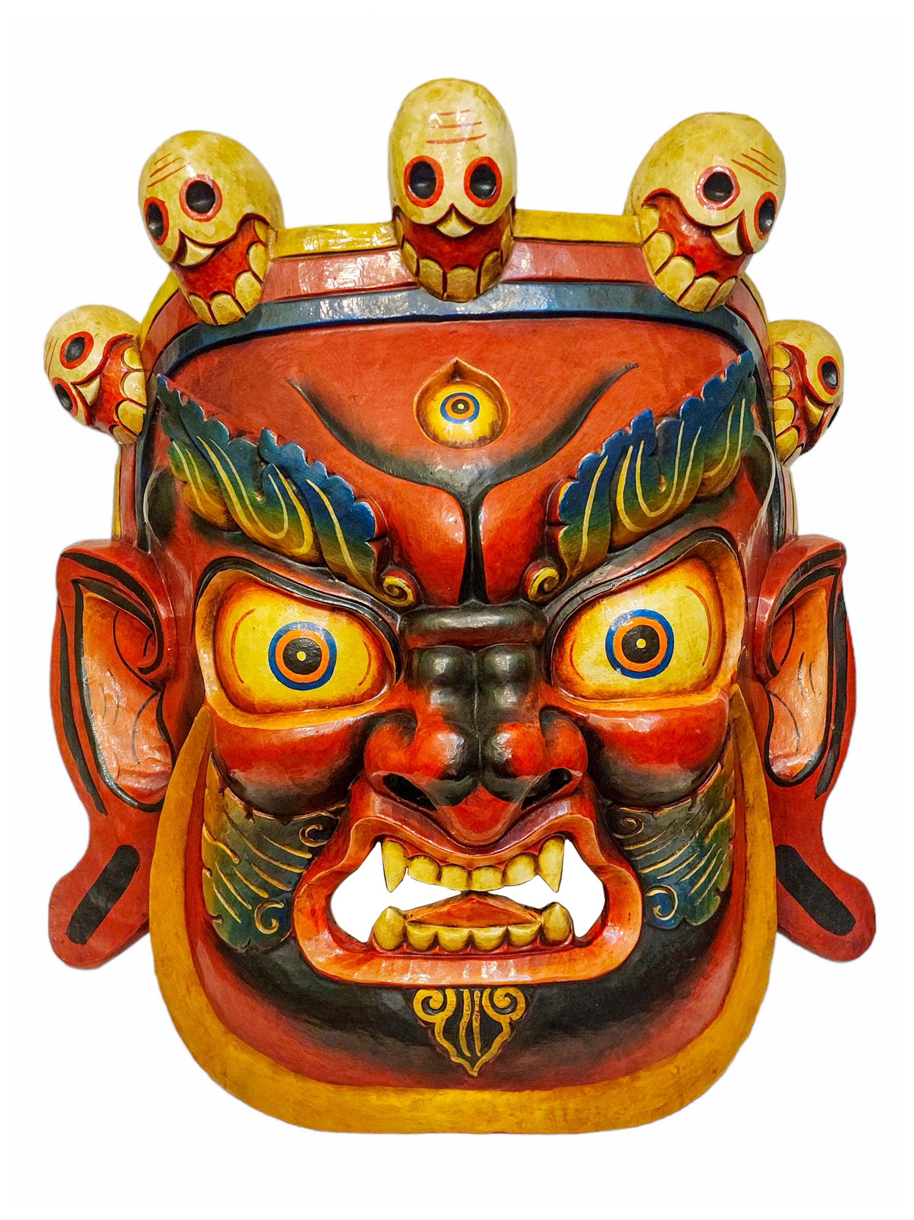 bhairav, Handmade Wooden Mask, Wall Hanging, painted, Poplar Wood, Mahakala Two Arms