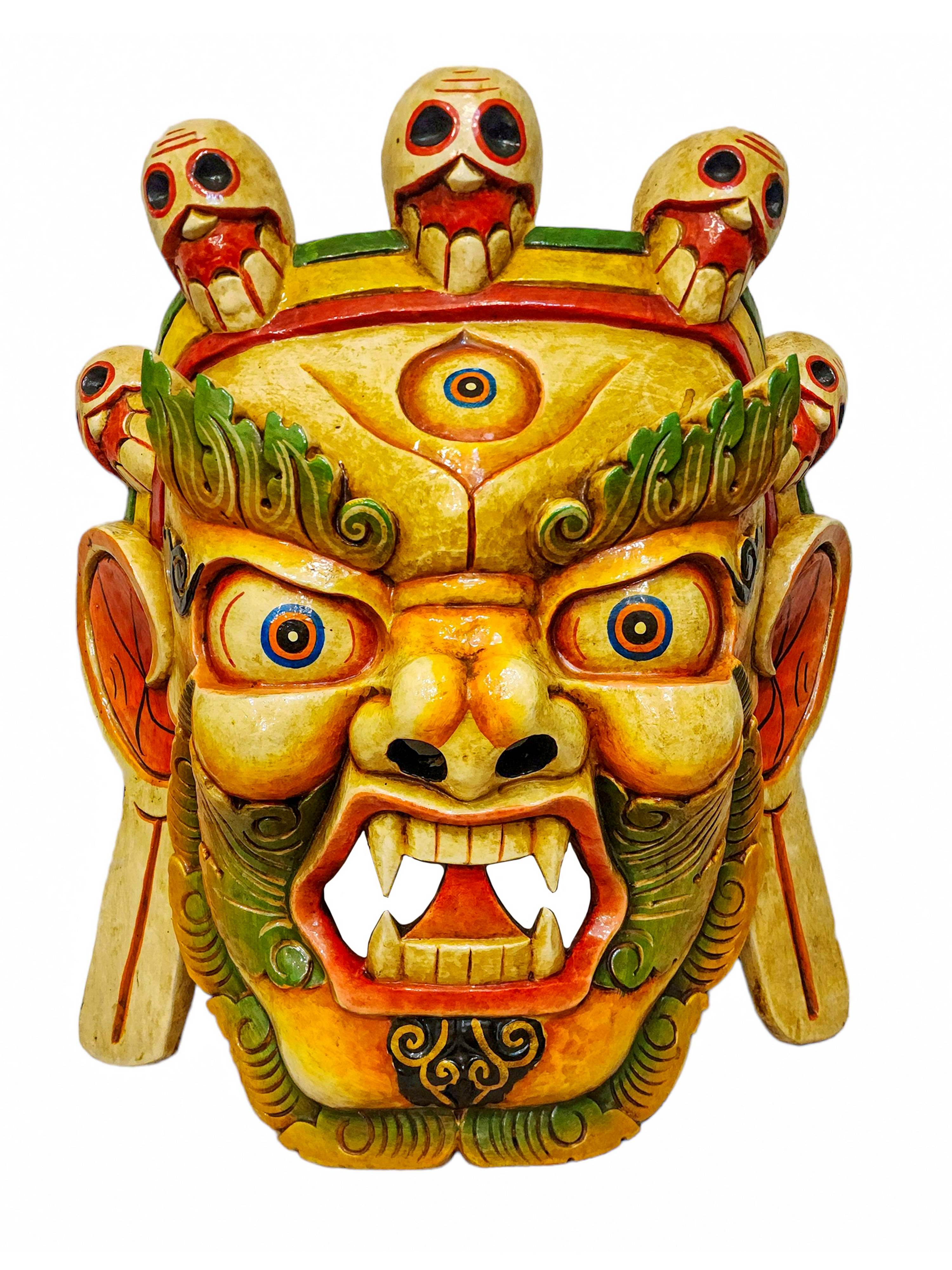 bhairav, Handmade Wooden Mask, Wall Hanging, painted, Poplar Wood, Mahakala Two Arms