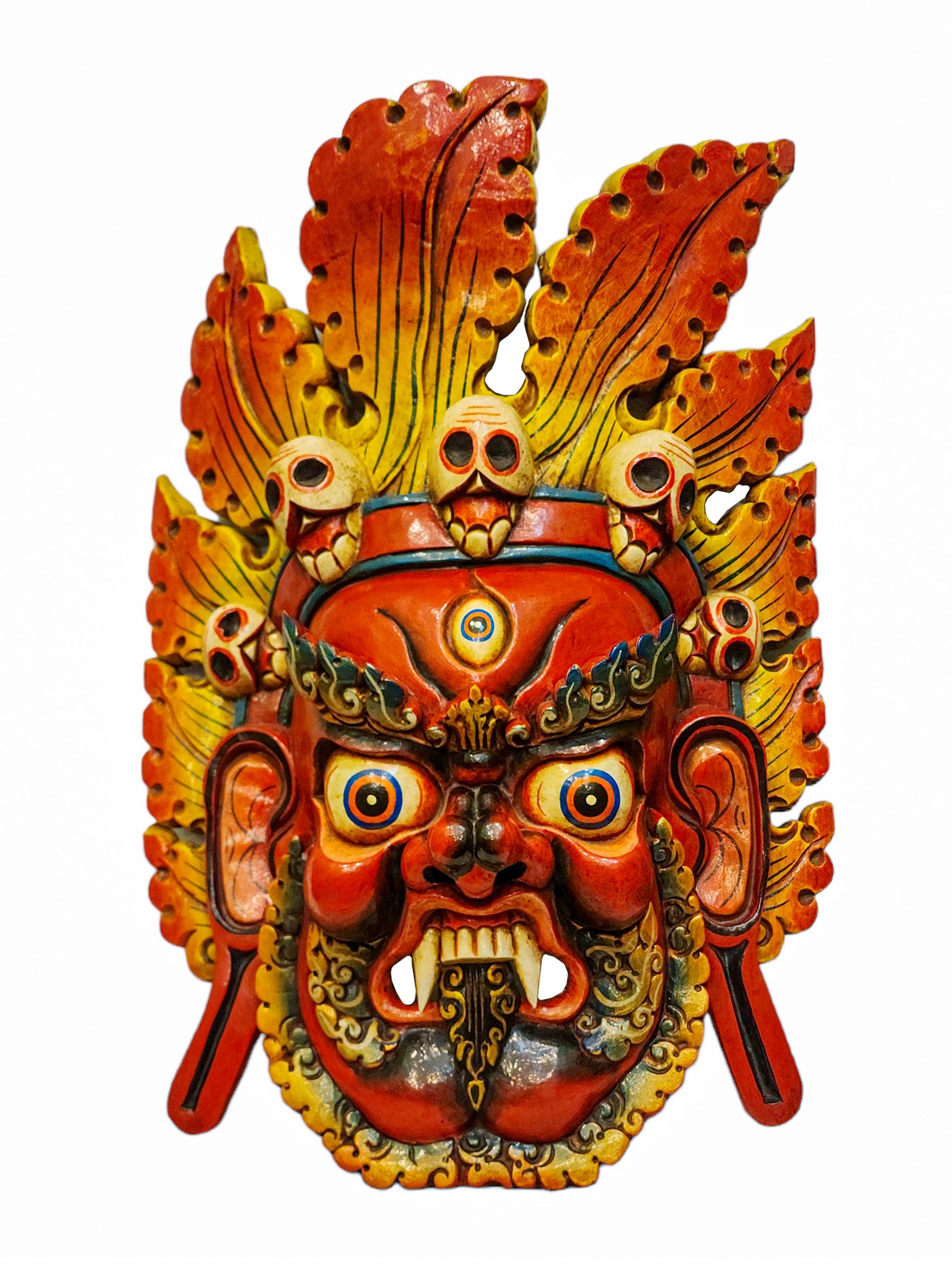 fire Bhairav, Handmade Wooden Mask, Wall Hanging, painted, Poplar Wood, Mahakala Two Arms