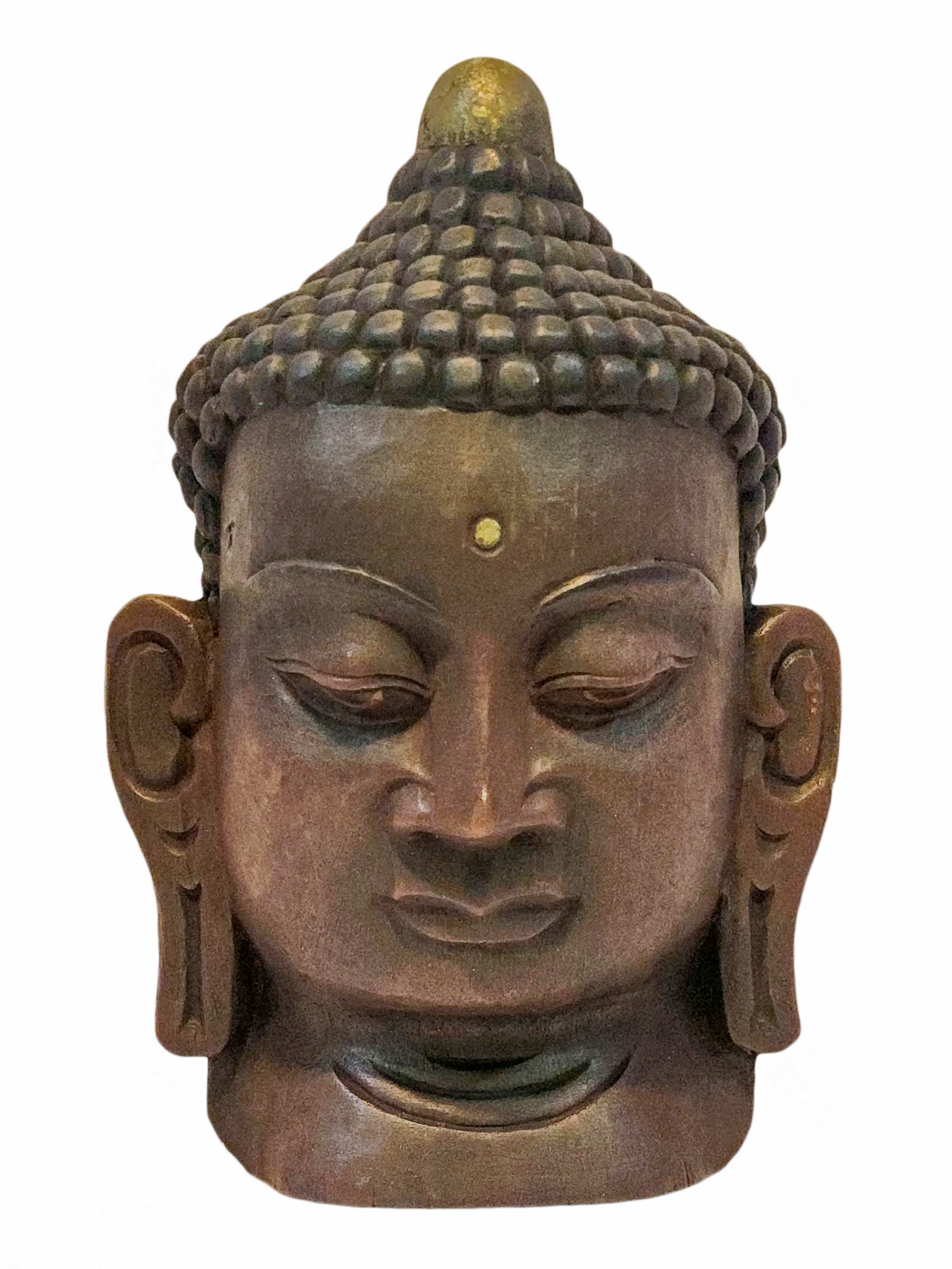 buddha Head, Handmade Wooden Mask, Wall Hanging, painted, Poplar Wood