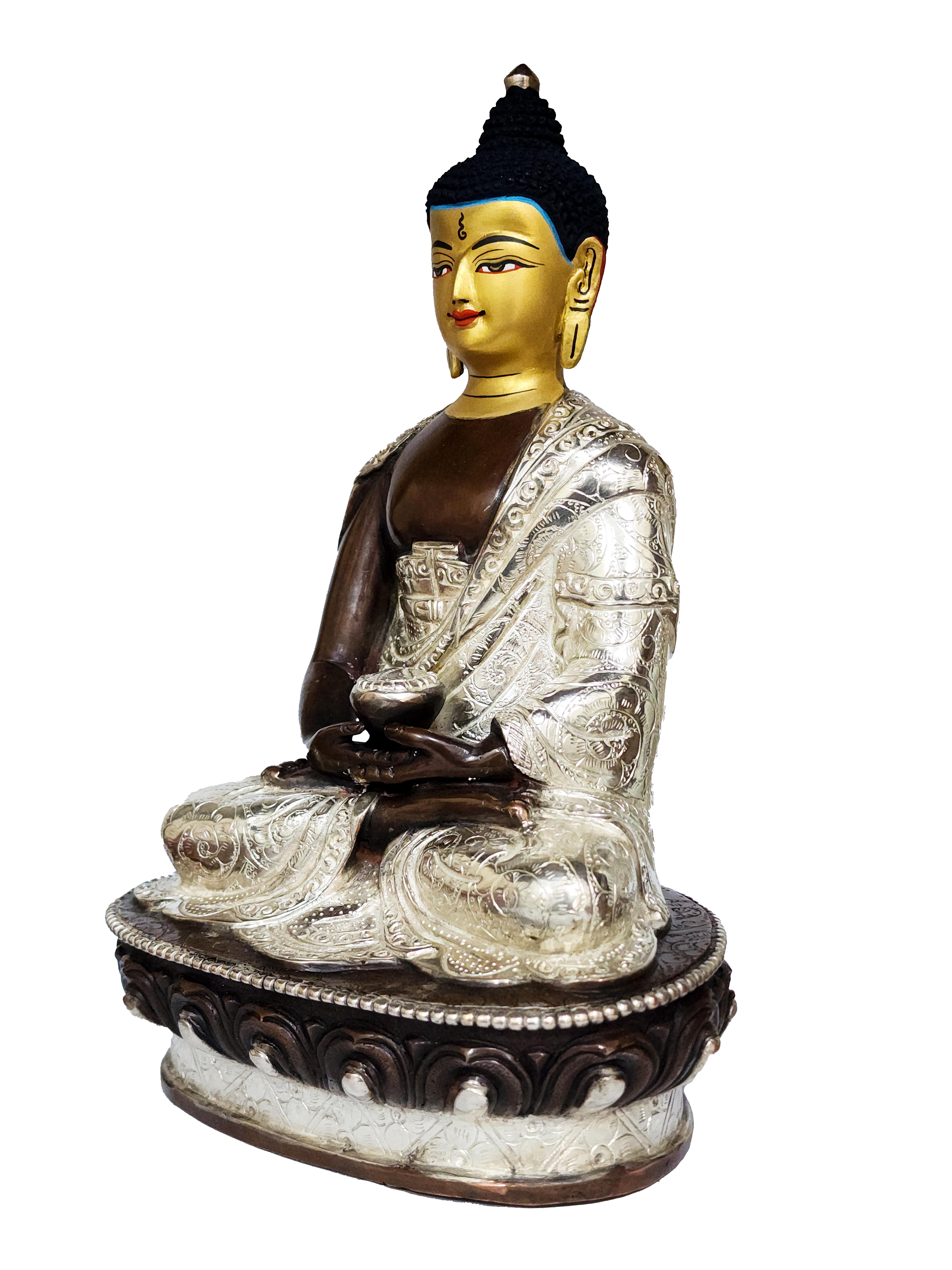 amitabha Buddha Buddhist Handmade Statue, silver And Chocolate Oxidized, Wtih face Painted
