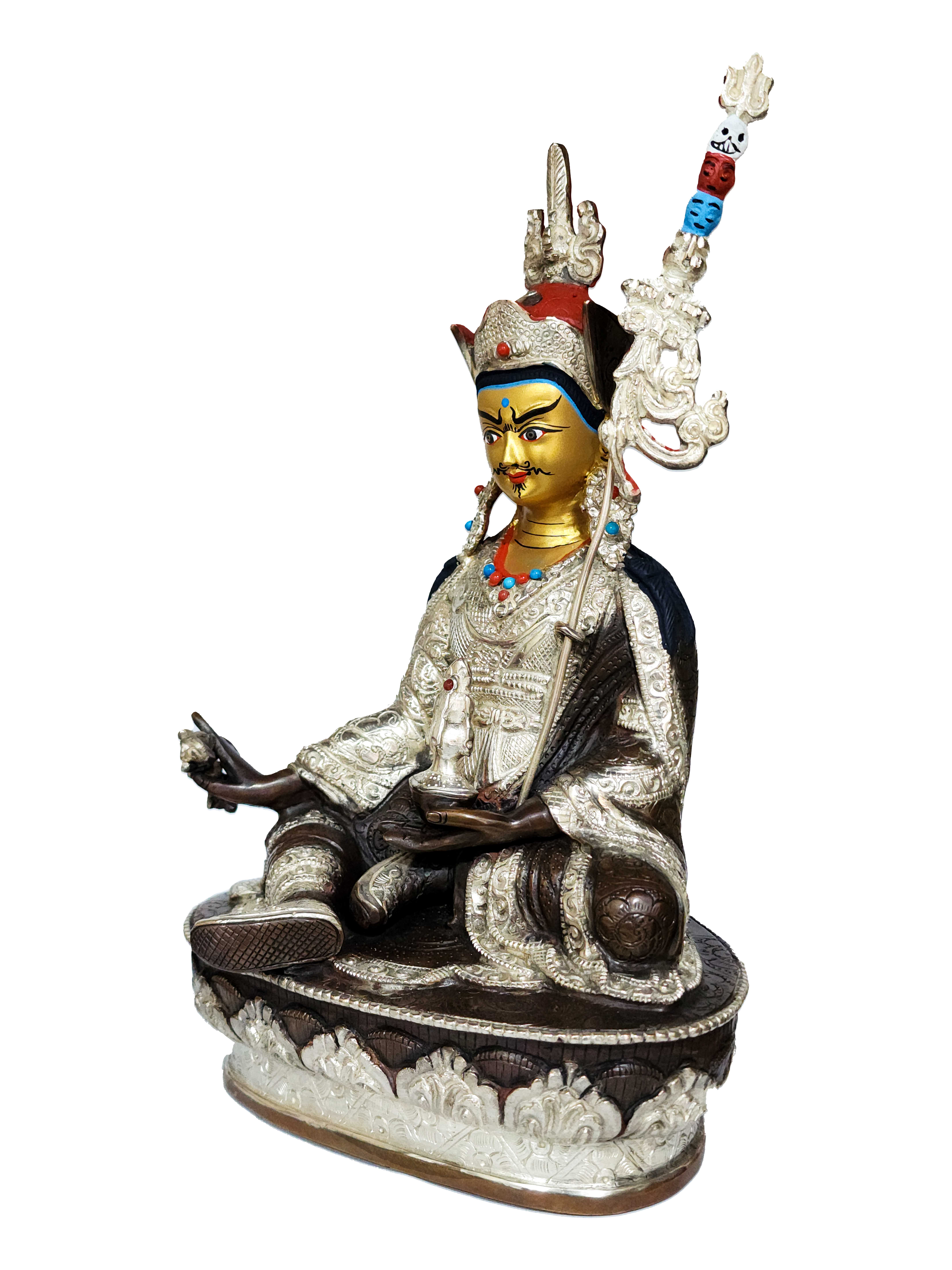 padmasambhava Buddhist Handmade Statue, silver And Chocolate Oxidized, Wtih face Painted