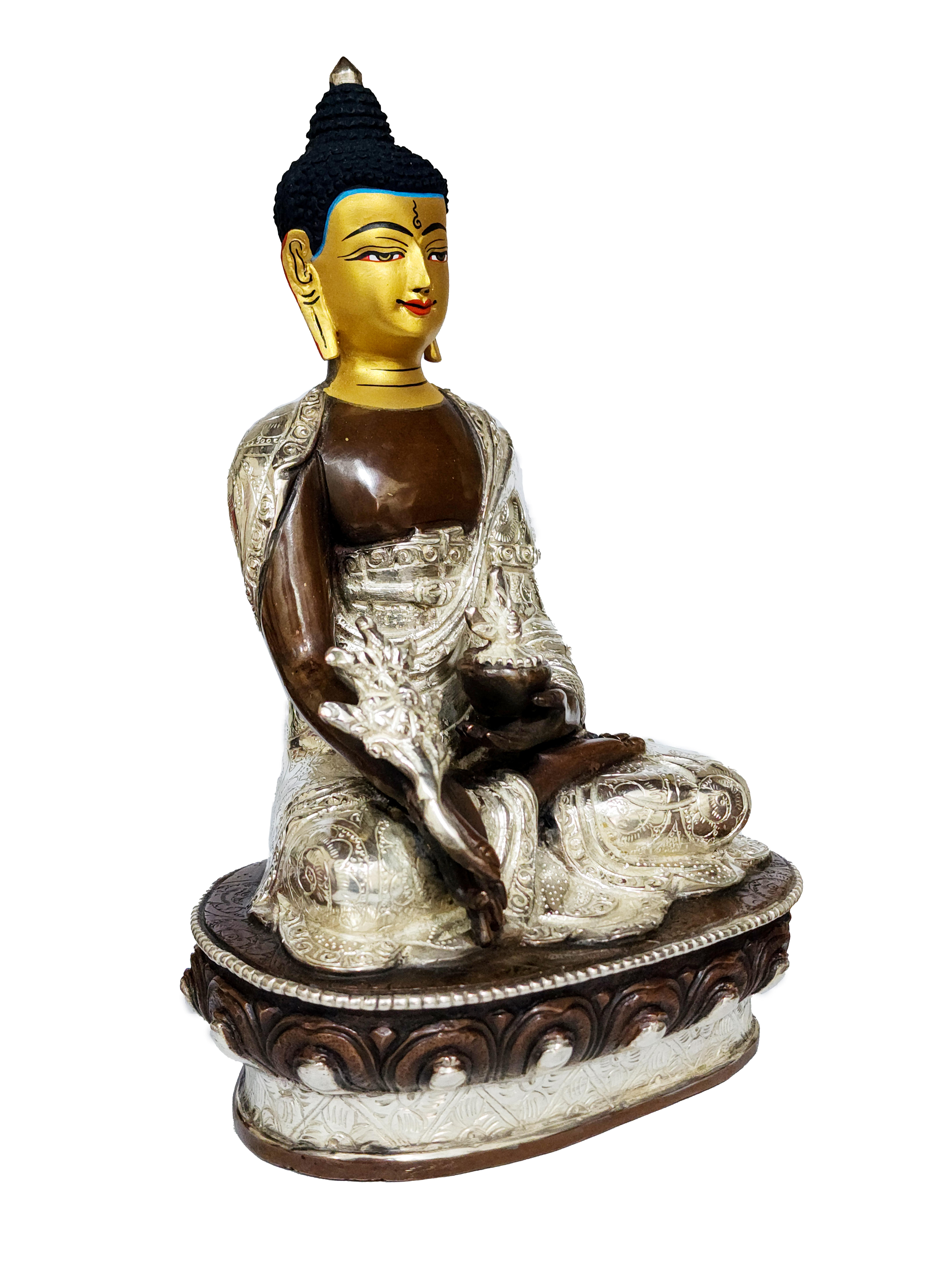 medicine Buddha Buddhist Handmade Statue, silver And Chocolate Oxidized, Wtih face Painted