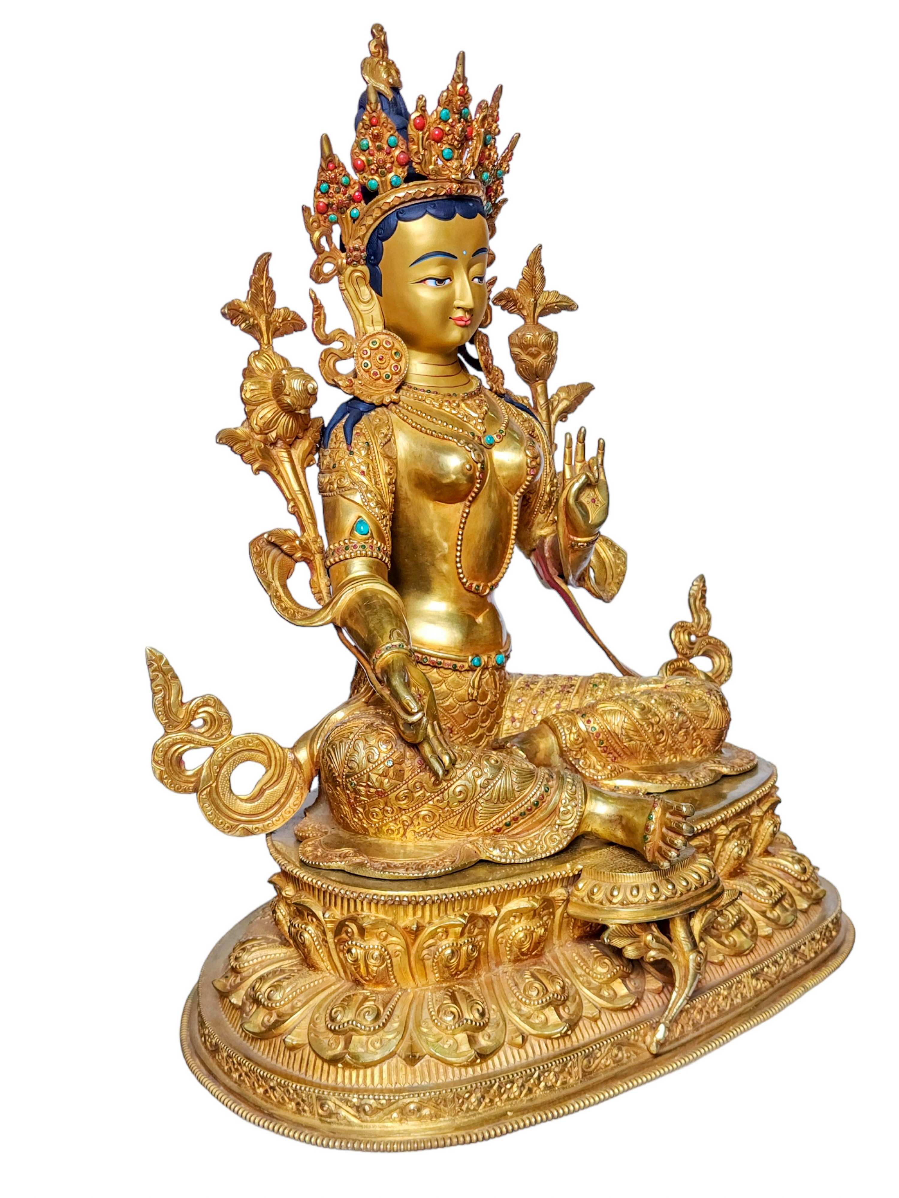 Hq, green Tara, Buddhist Handmade Statue, face Painted And gold Plated, Detailed Carving