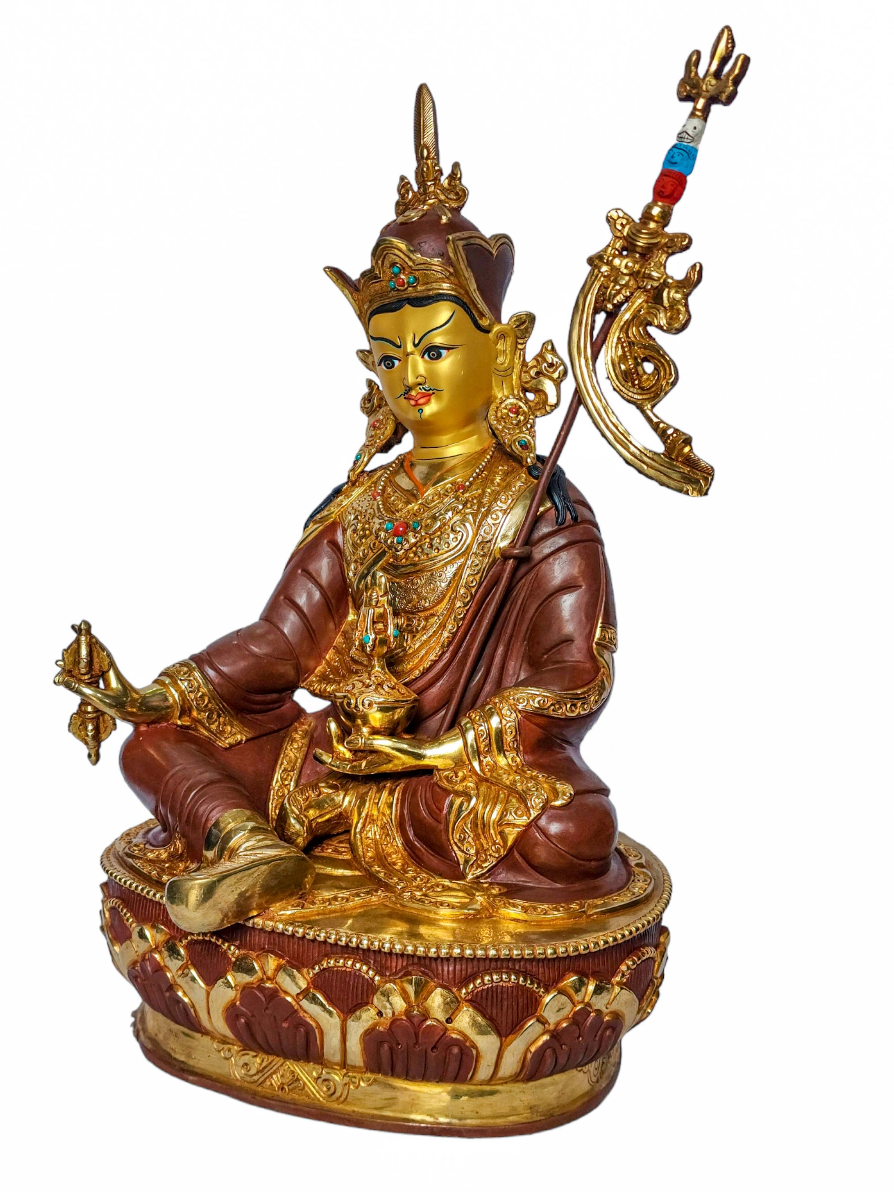 padmasambhava, Buddhist Handmade Statue, face Painted, partly Gold Plated And Chocolate Oxidized