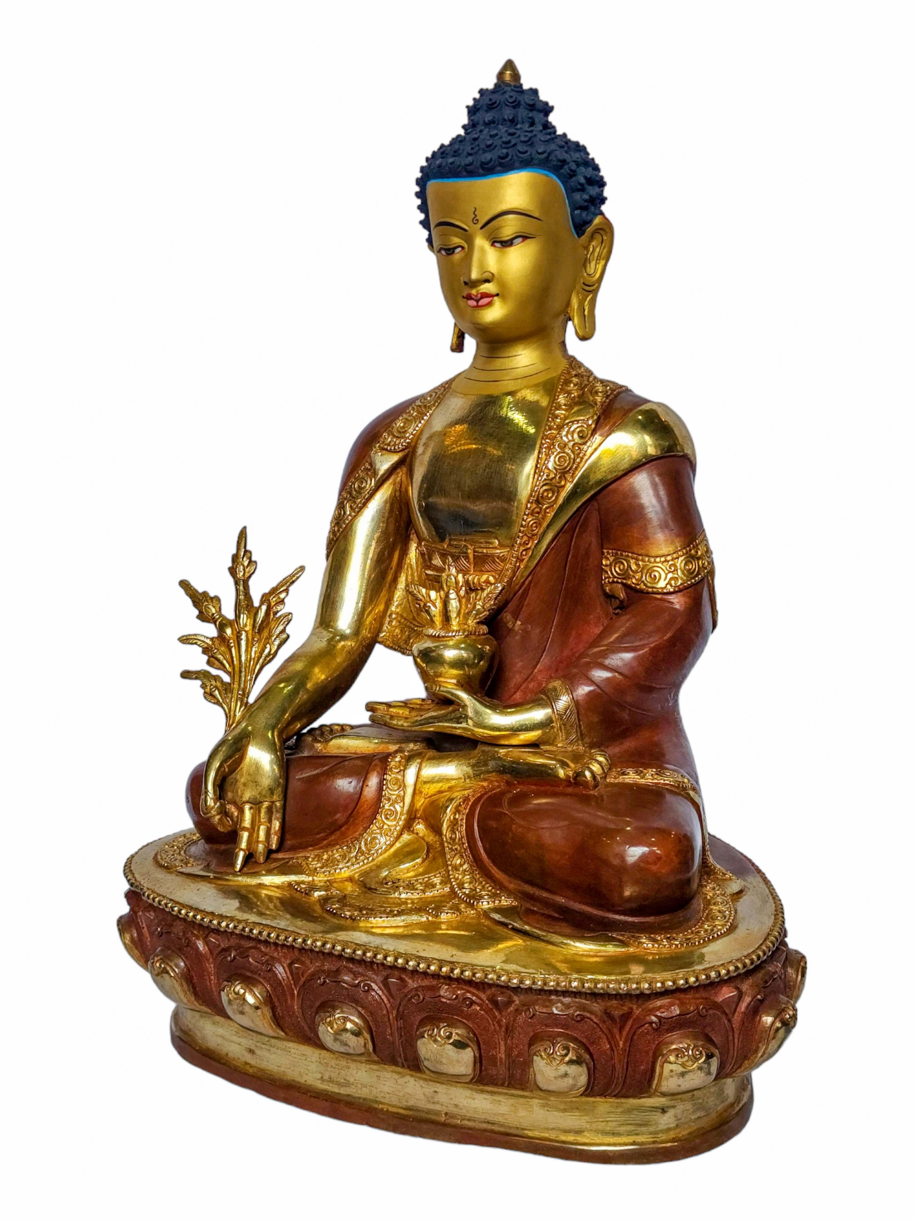 medicine Buddha, Buddhist Handmade Statue, face Painted, partly Gold Plated And Chocolate Oxidized