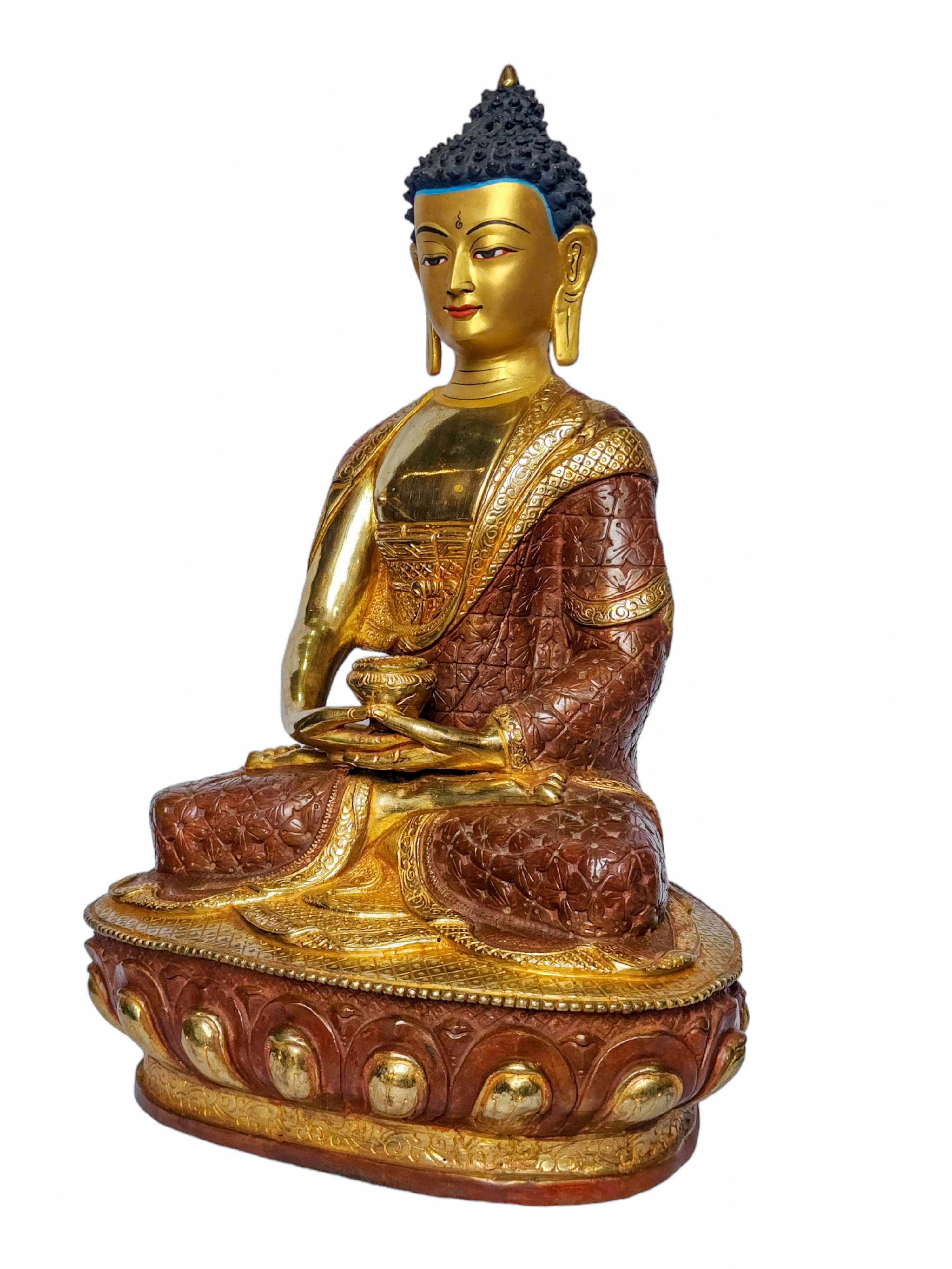 amitabha Buddha, Buddhist Handmade Statue, face Painted, partly Gold Plated And Chocolate Oxidized