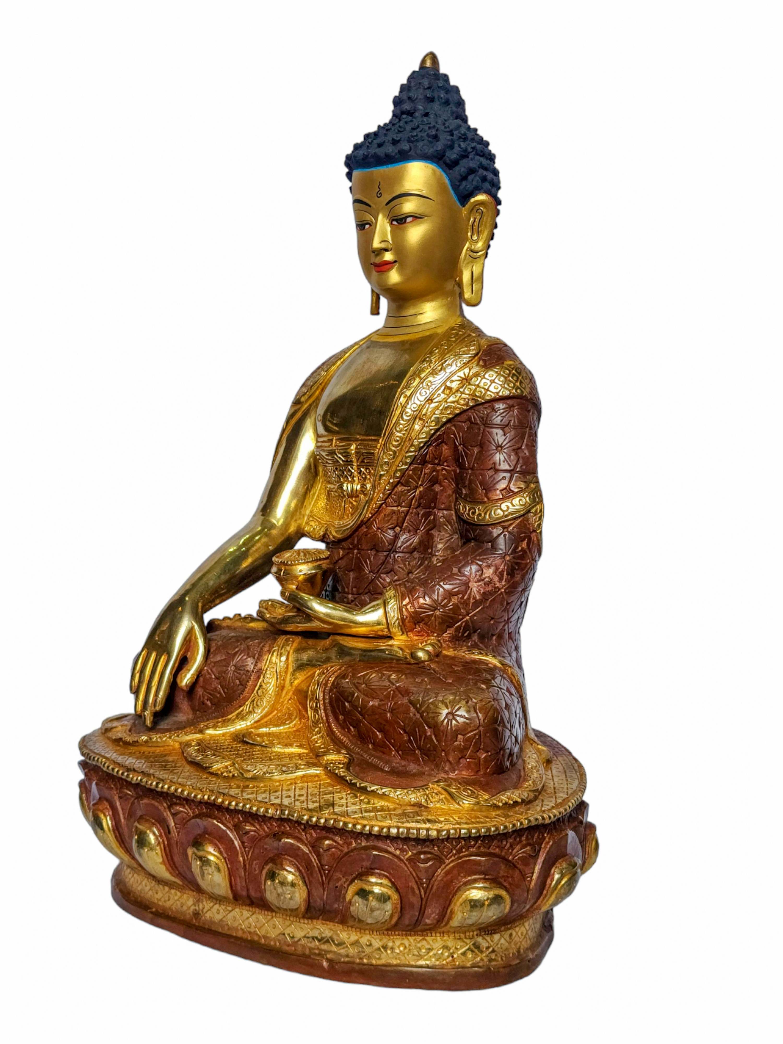 shakyamuni Buddha, Buddhist Handmade Statue, face Painted, partly Gold Plated And Chocolate Oxidized