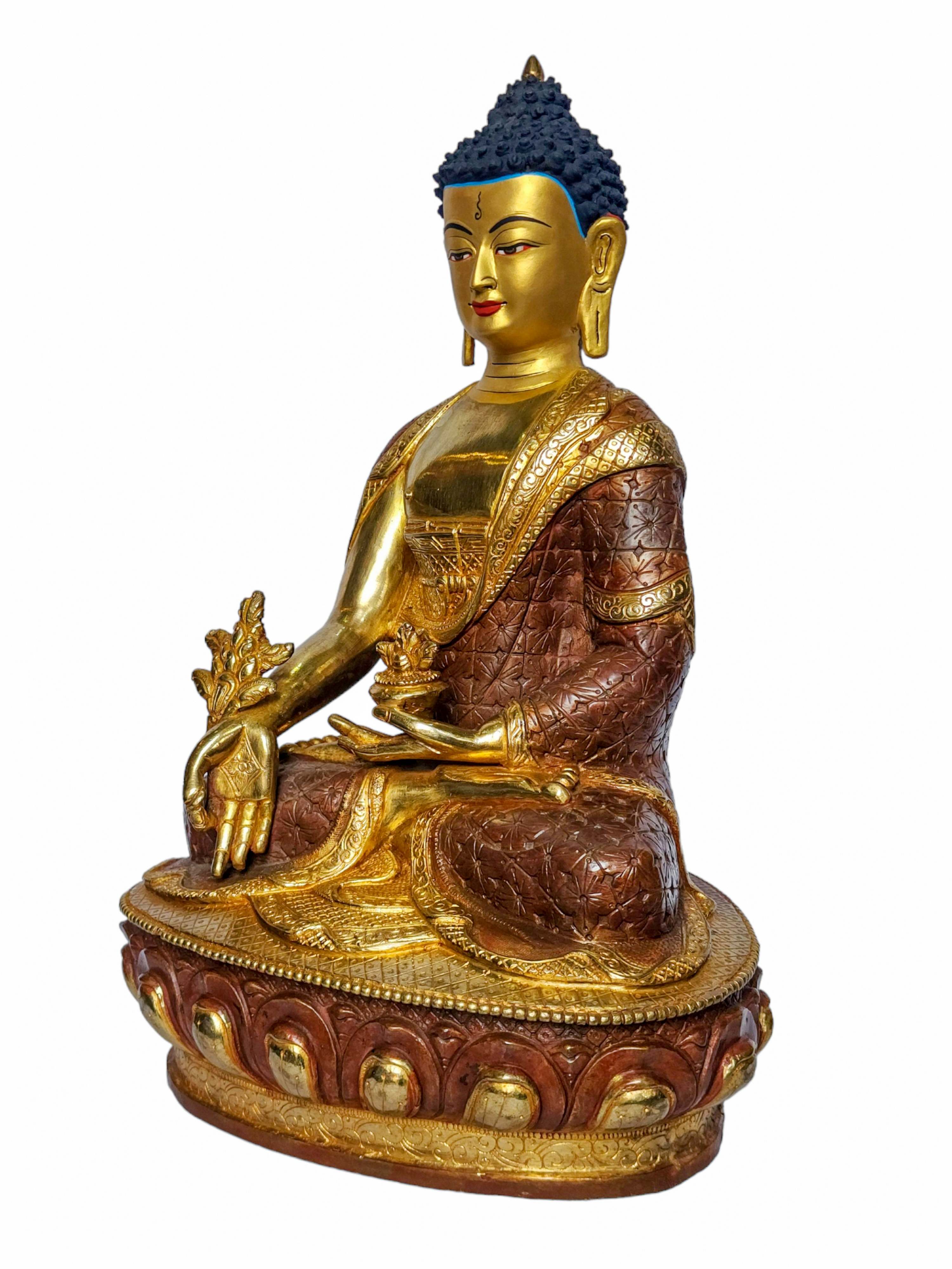 medicine Buddha, Buddhist Handmade Statue, face Painted, partly Gold Plated And Chocolate Oxidized
