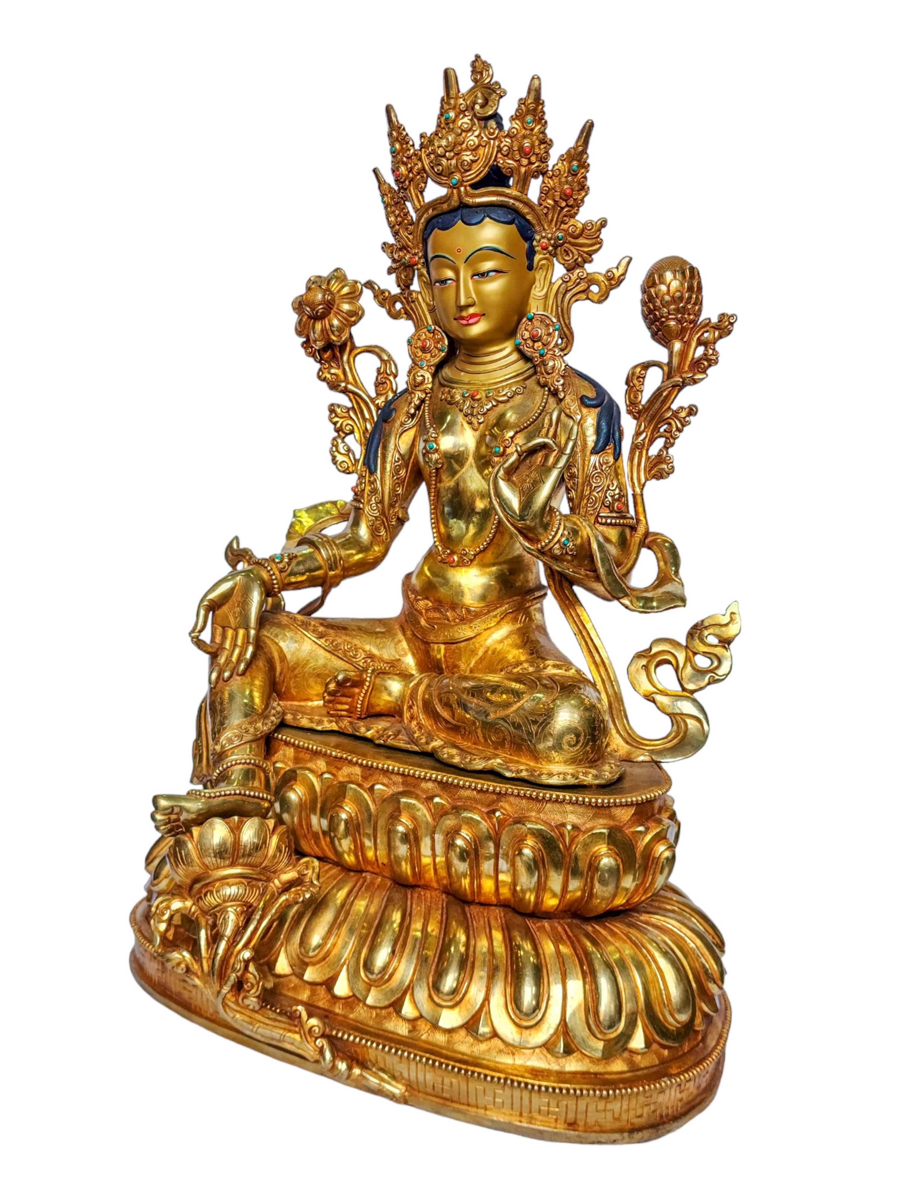 green Tara, Buddhist Handmade Statue, face Painted And gold Plated