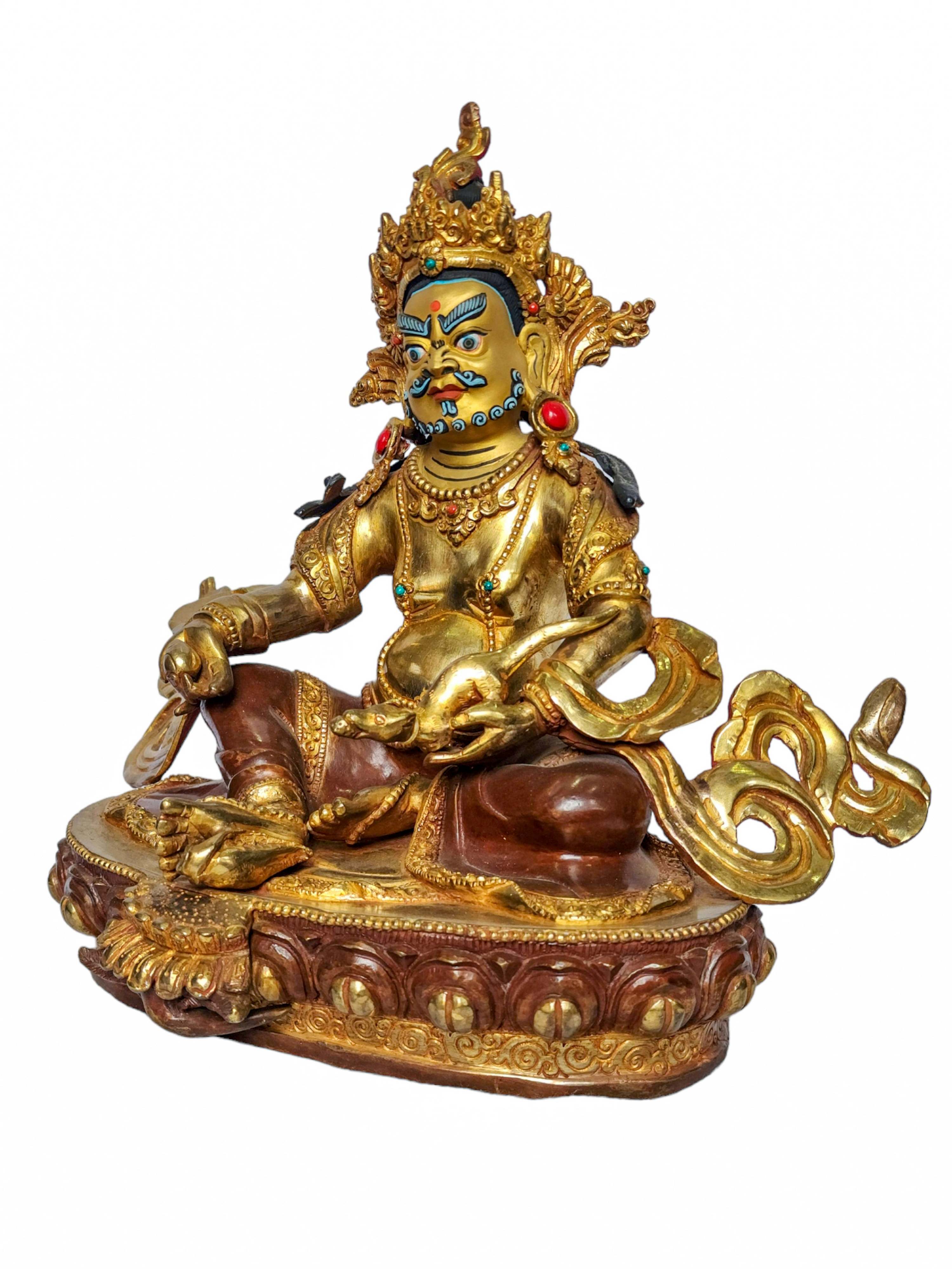 yellow Jambhala, Buddhist Handmade Statue, face Painted, partly Gold Plated And Chocolate Oxidized