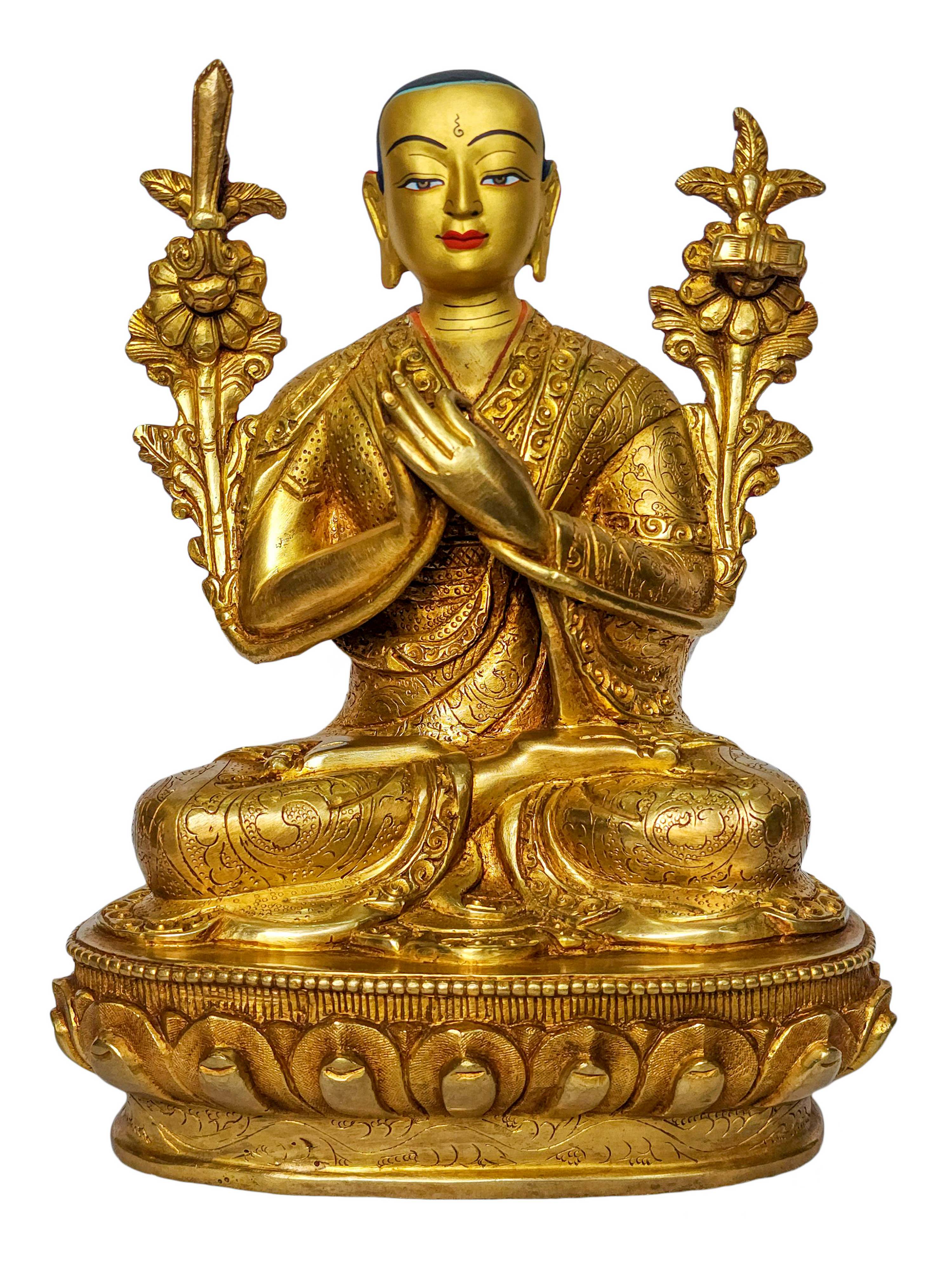 tsongkhapa With His Disciple, Buddhist Handmade Statue, face Painted And gold Plated