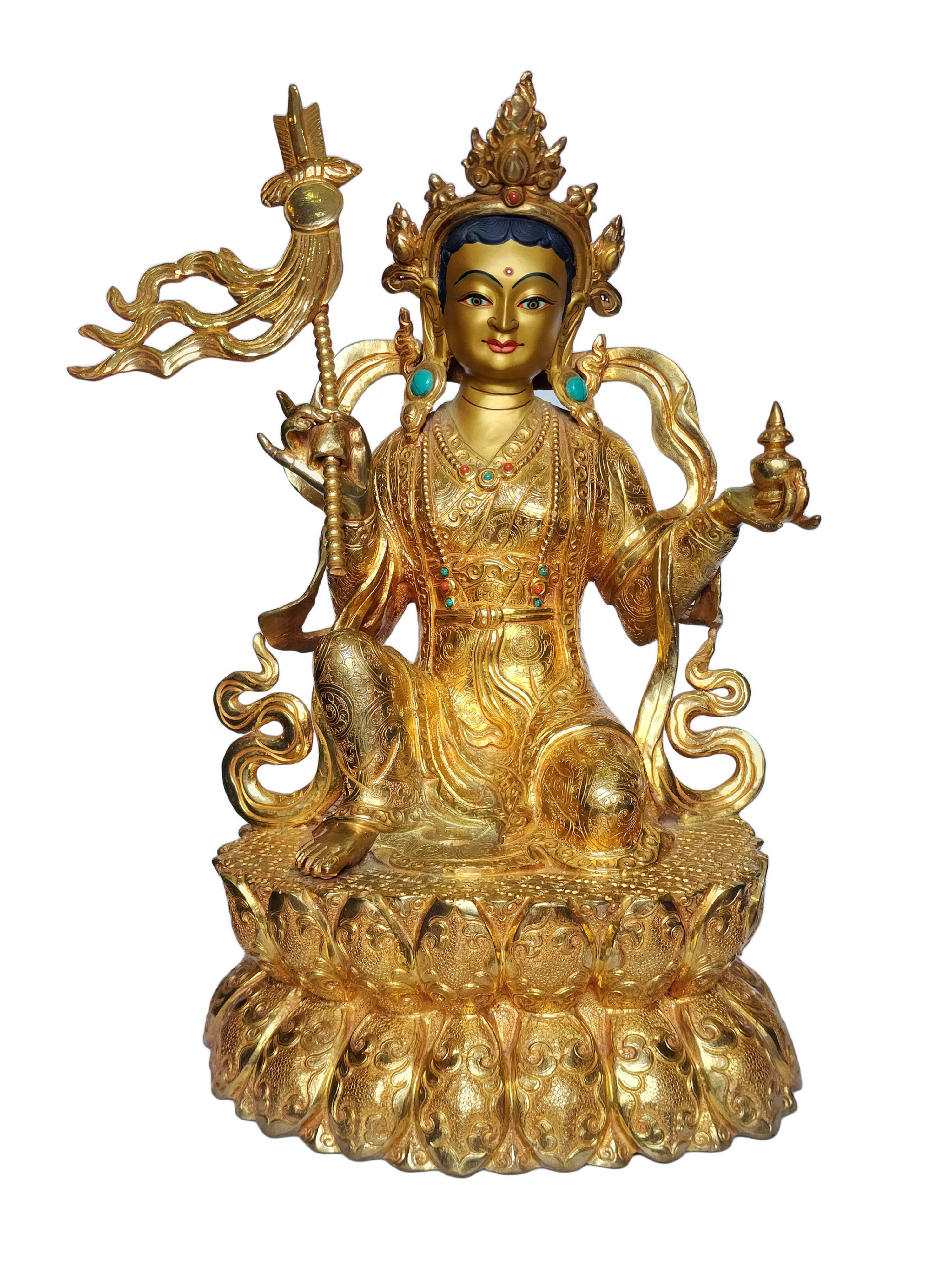 Padmasambhava 19 Inch And His Wifes, Mandarava 15 Inch And Yeshe Tsogya 15 Inch, Buddhist Handmade Statue, Face Painted And Gold Plated