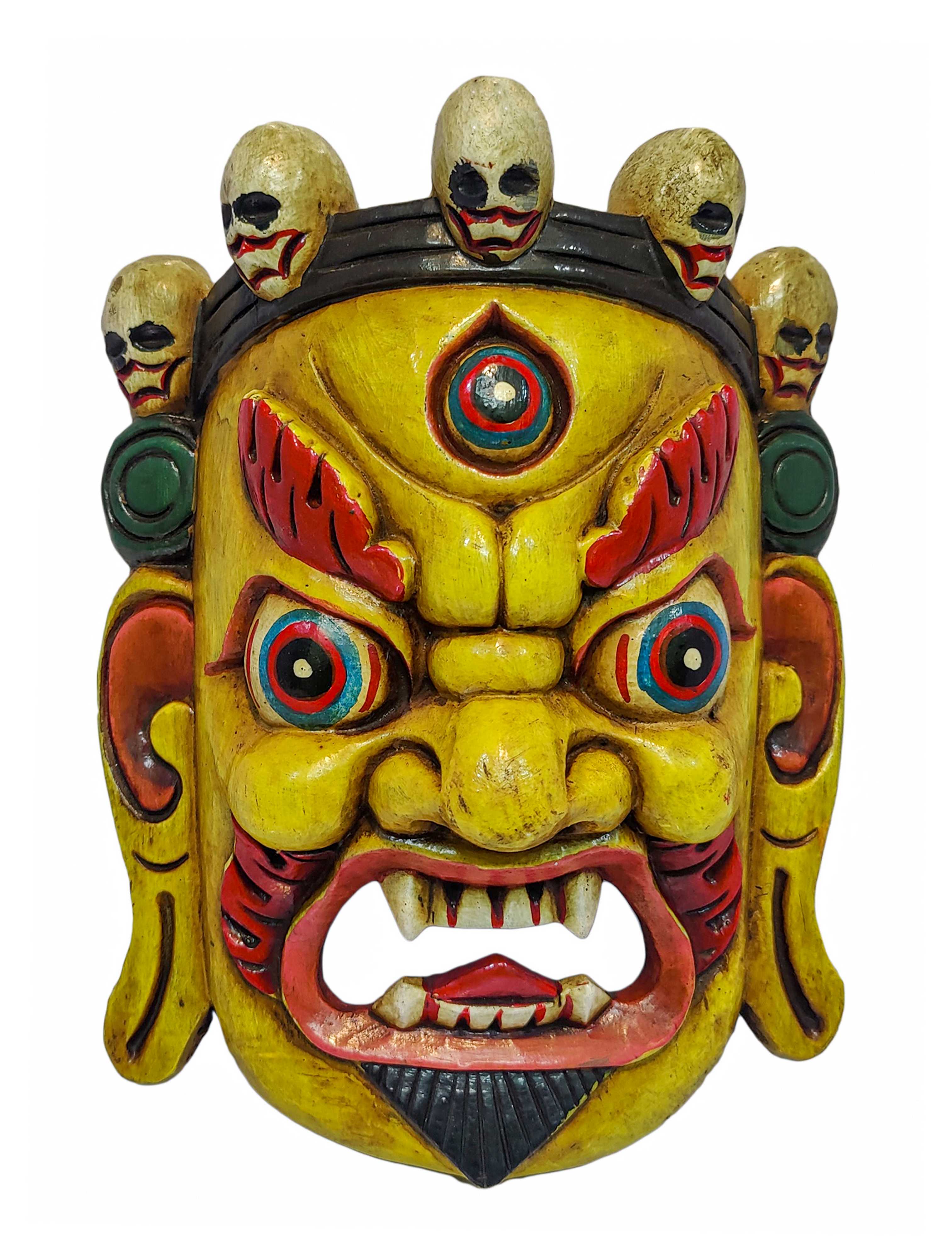 bhairav, Handmade Wooden Mask, Wall Hanging, painted Yellow, Poplar Wood, Mahakala Two Arms