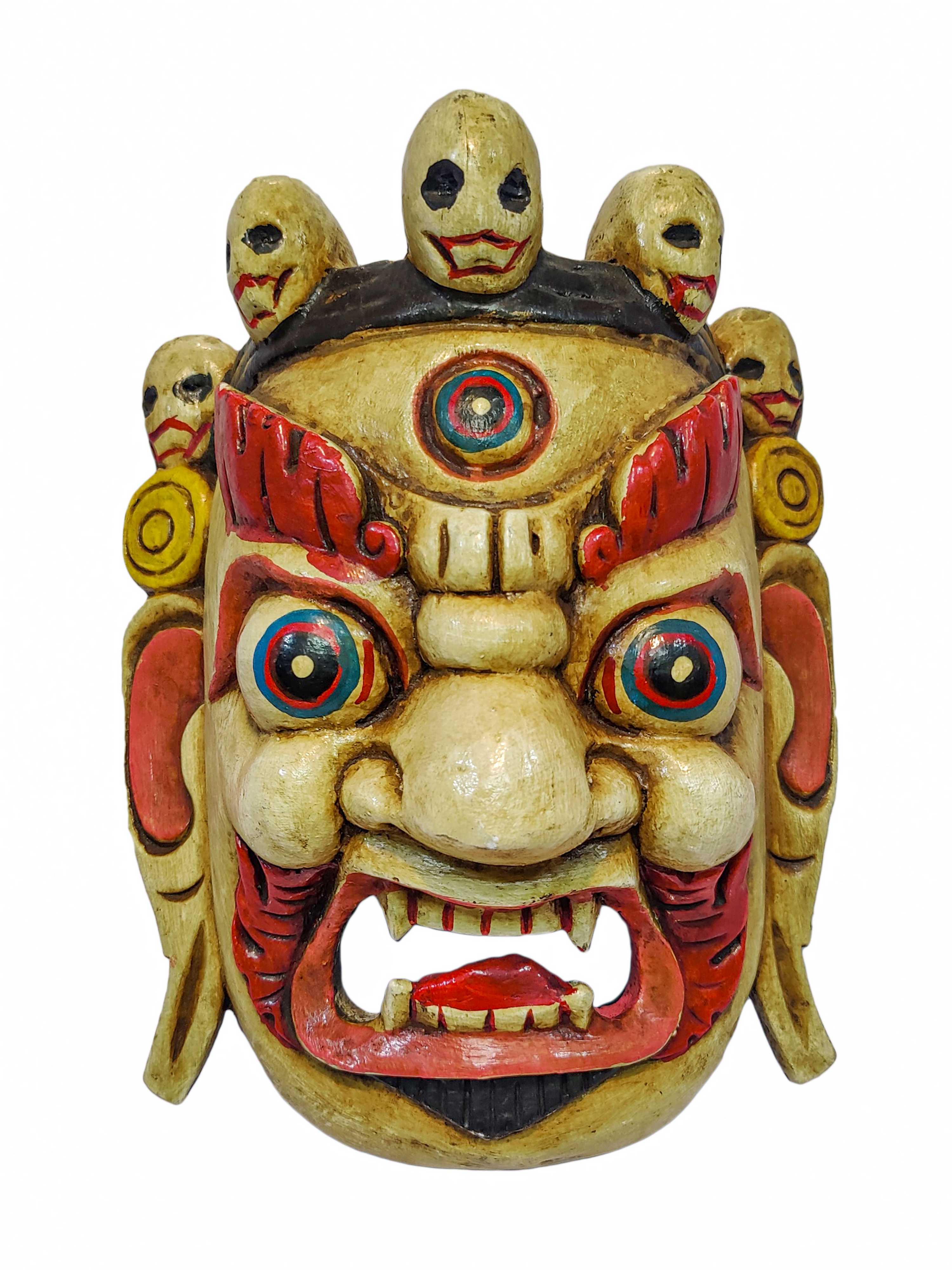bhairav, Handmade Wooden Mask, Wall Hanging, painted White, Poplar Wood, Mahakala Two Arms