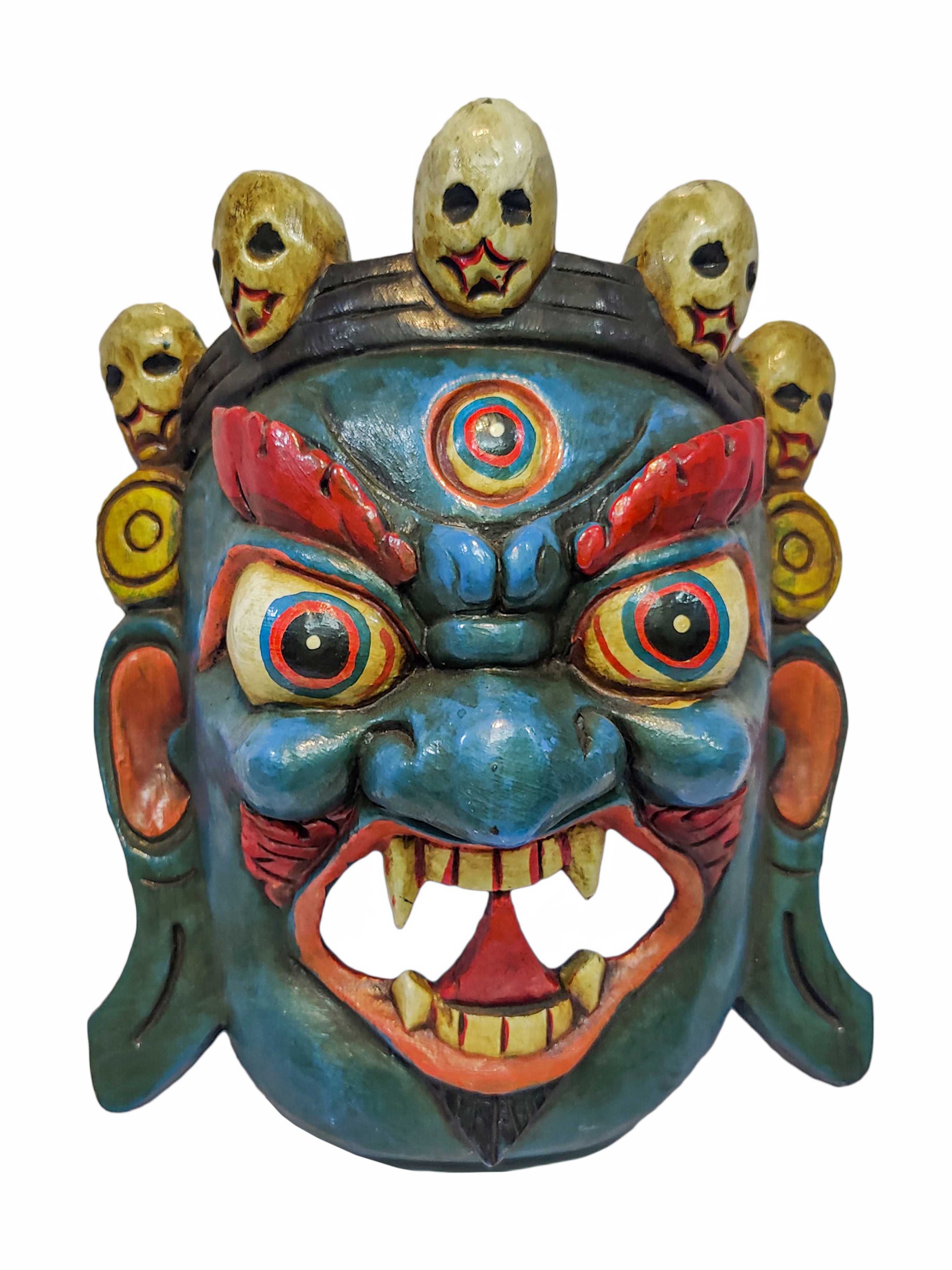 bhairav, Handmade Wooden Mask, Wall Hanging, painted Blue, Poplar Wood, Mahakala Two Arms
