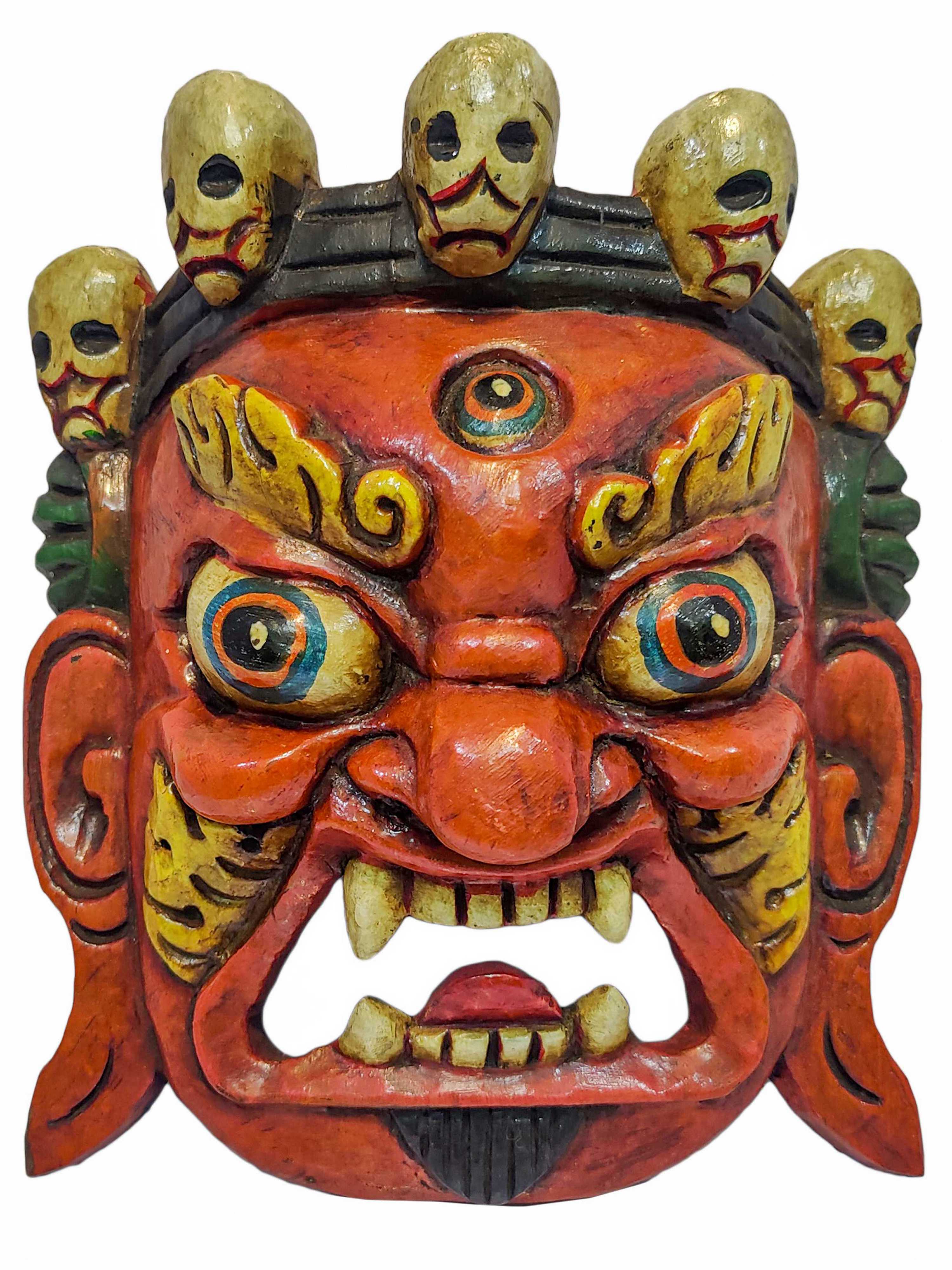 bhairav, Handmade Wooden Mask, Wall Hanging, painted Red, Poplar Wood, Mahakala Two Arms
