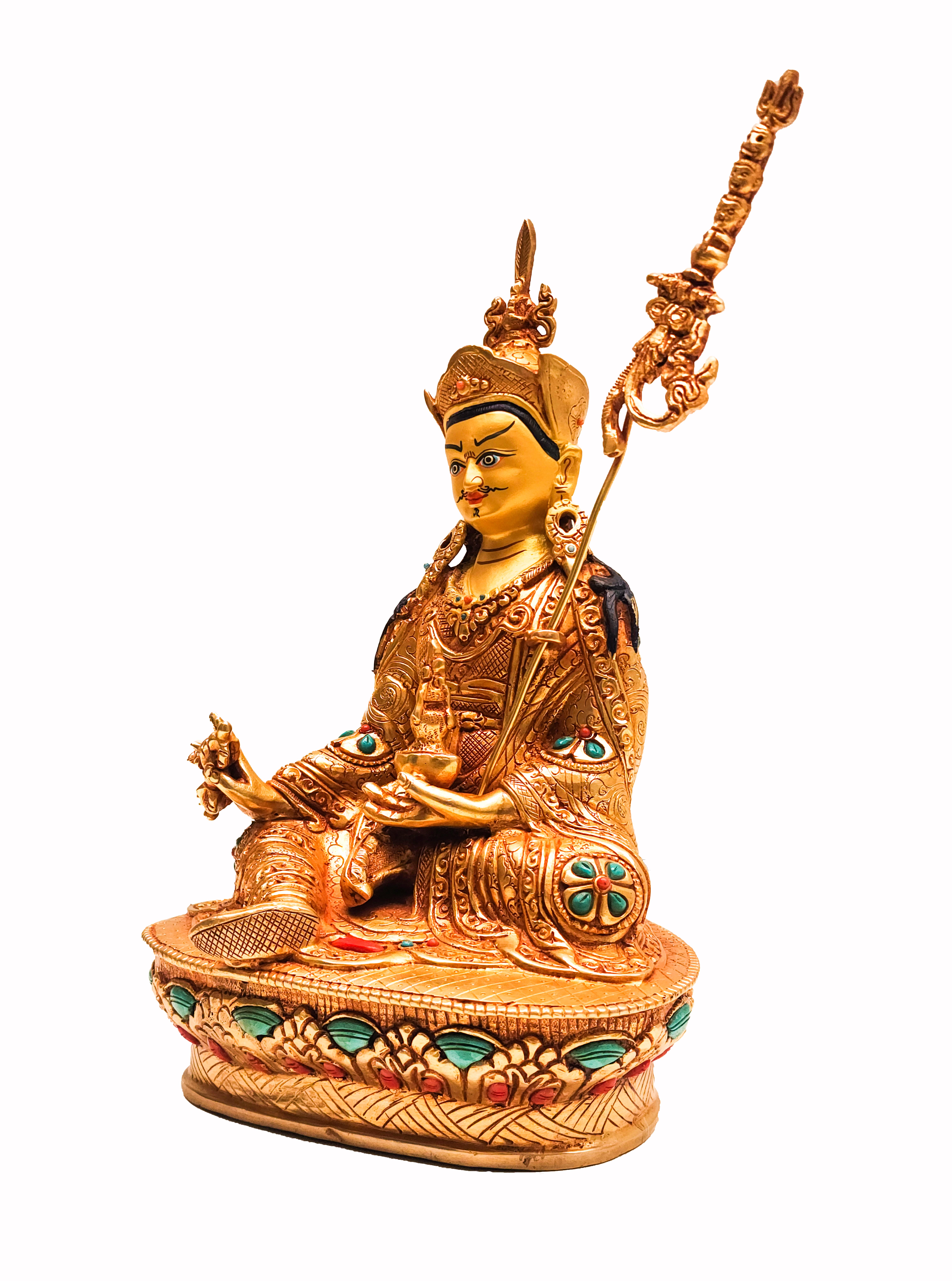 padmasambhava, Budhist Handmade Statue, face Painted And gold Plated, stone Setting
