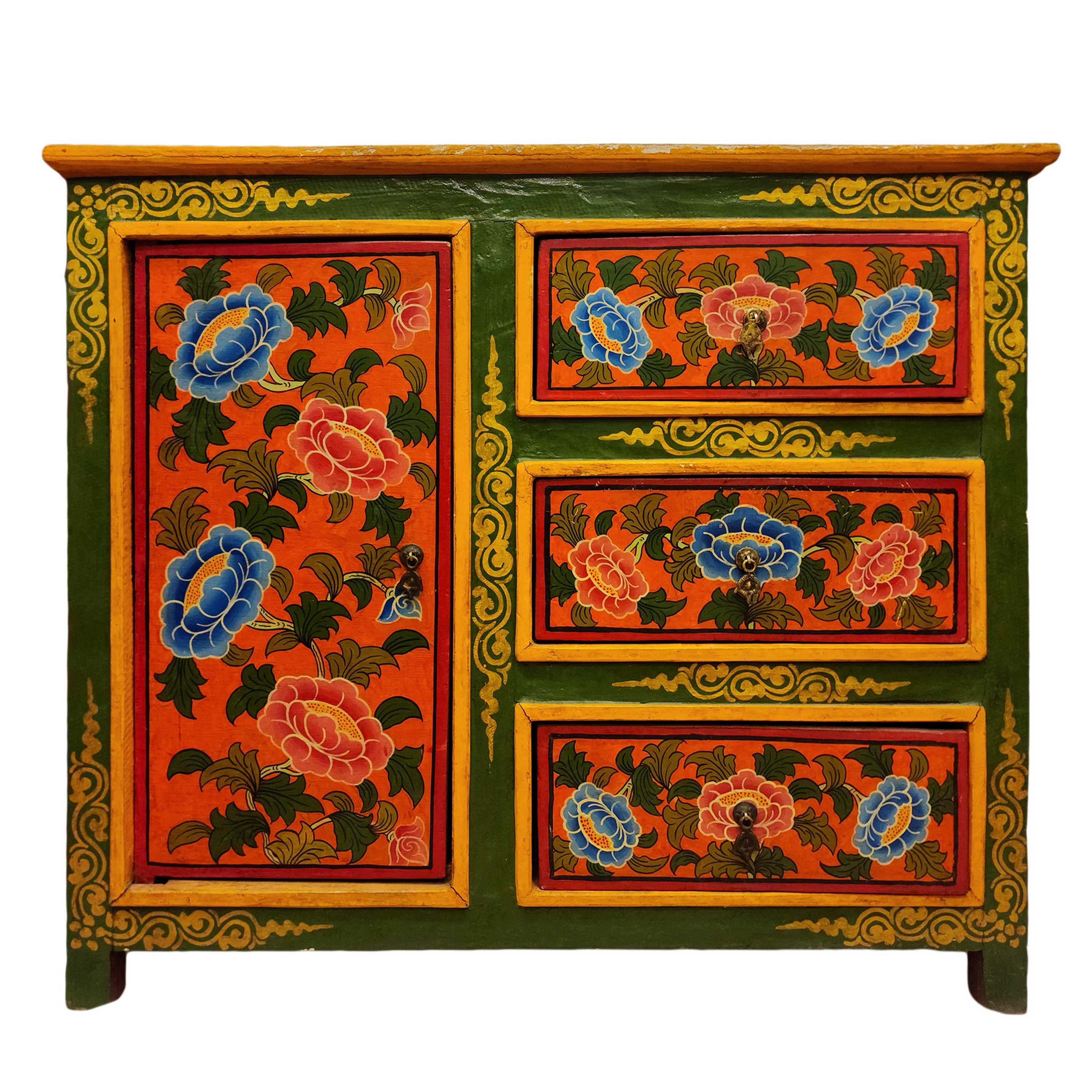 Tibetan Cabinet With Three Drawer And One Door Cabinet, painted