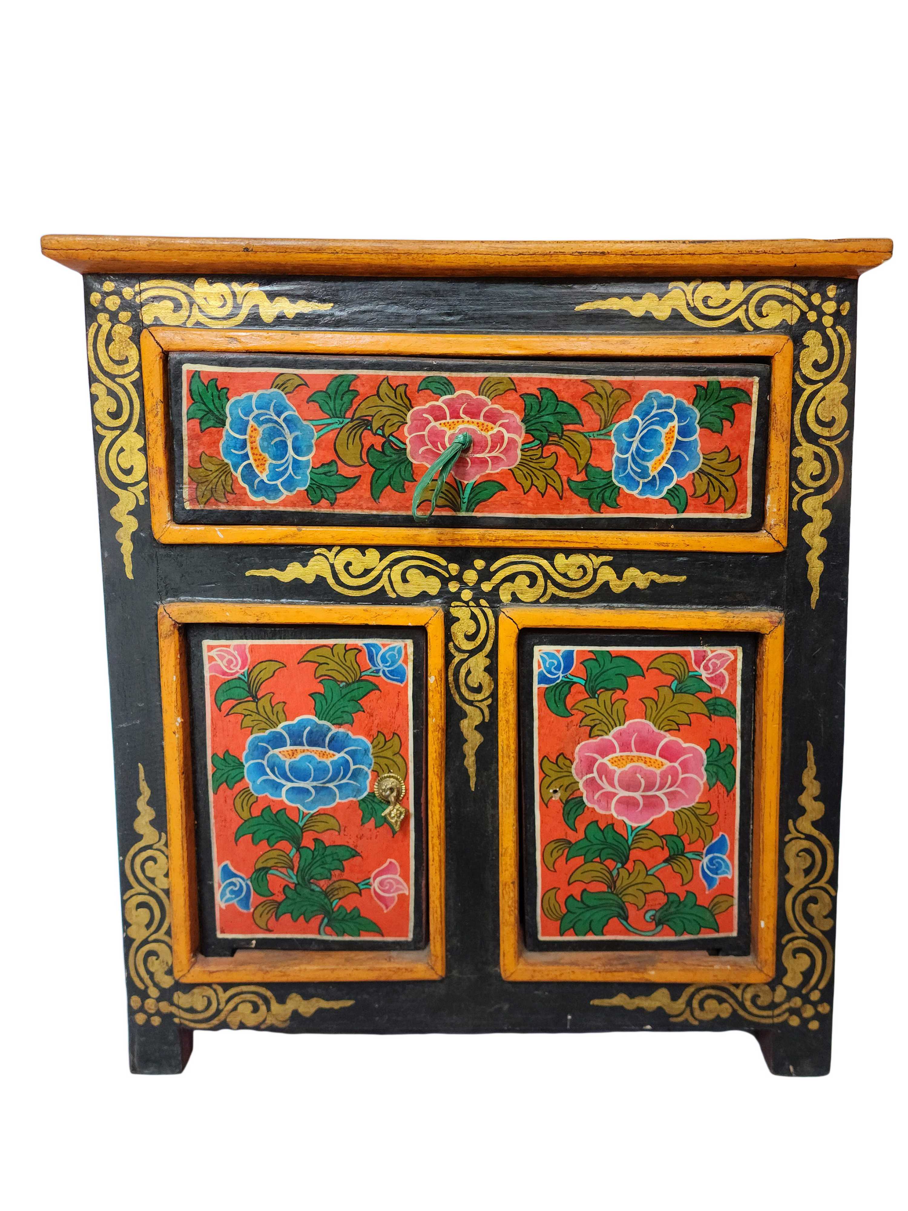 Tibetan Cabinet With One Drawer And Two Door, painted