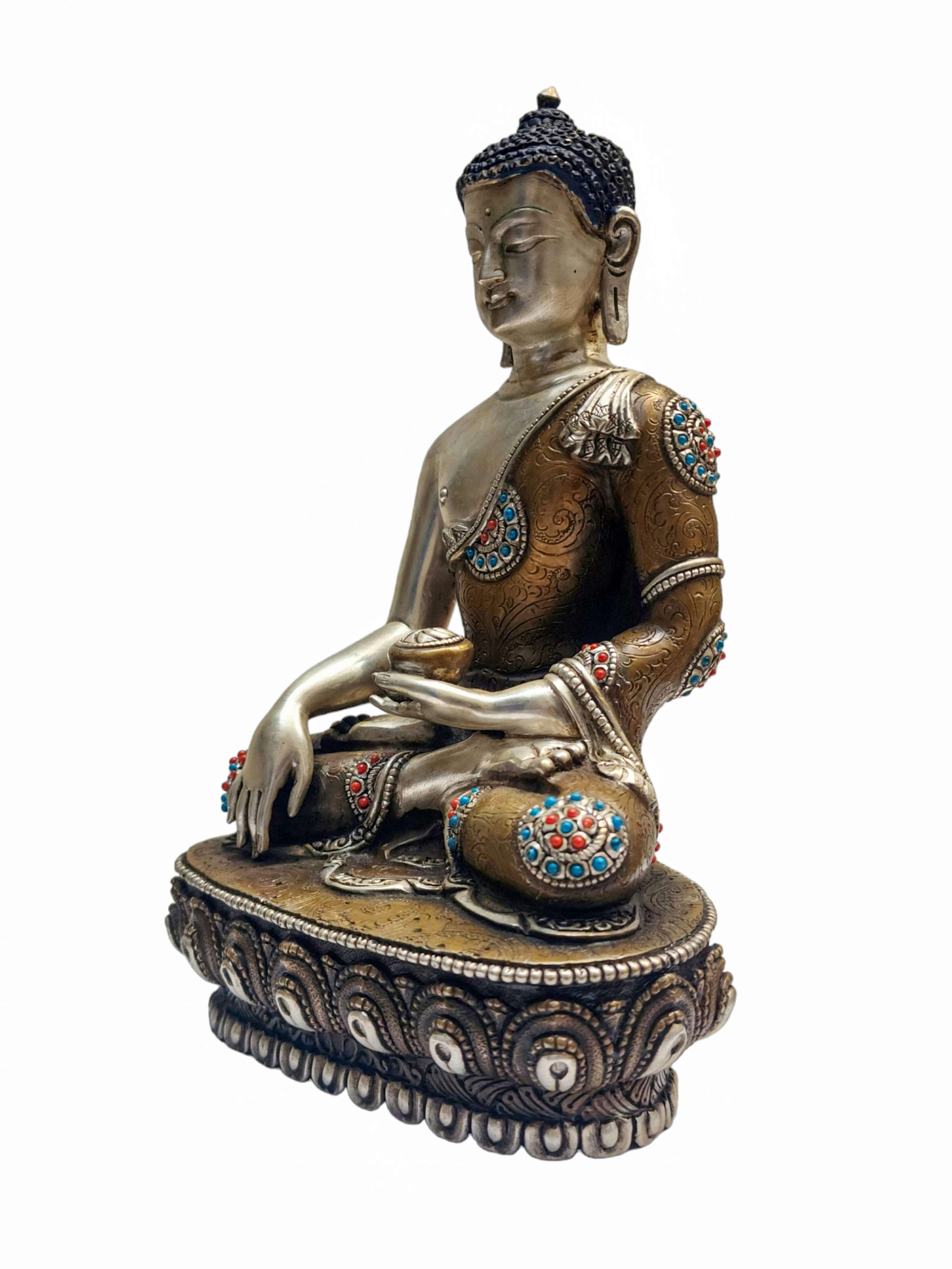 shakyamuni Buddha, Buddhist Miniature Statue, silver And Chocolate Oxidized, With Additional Carving