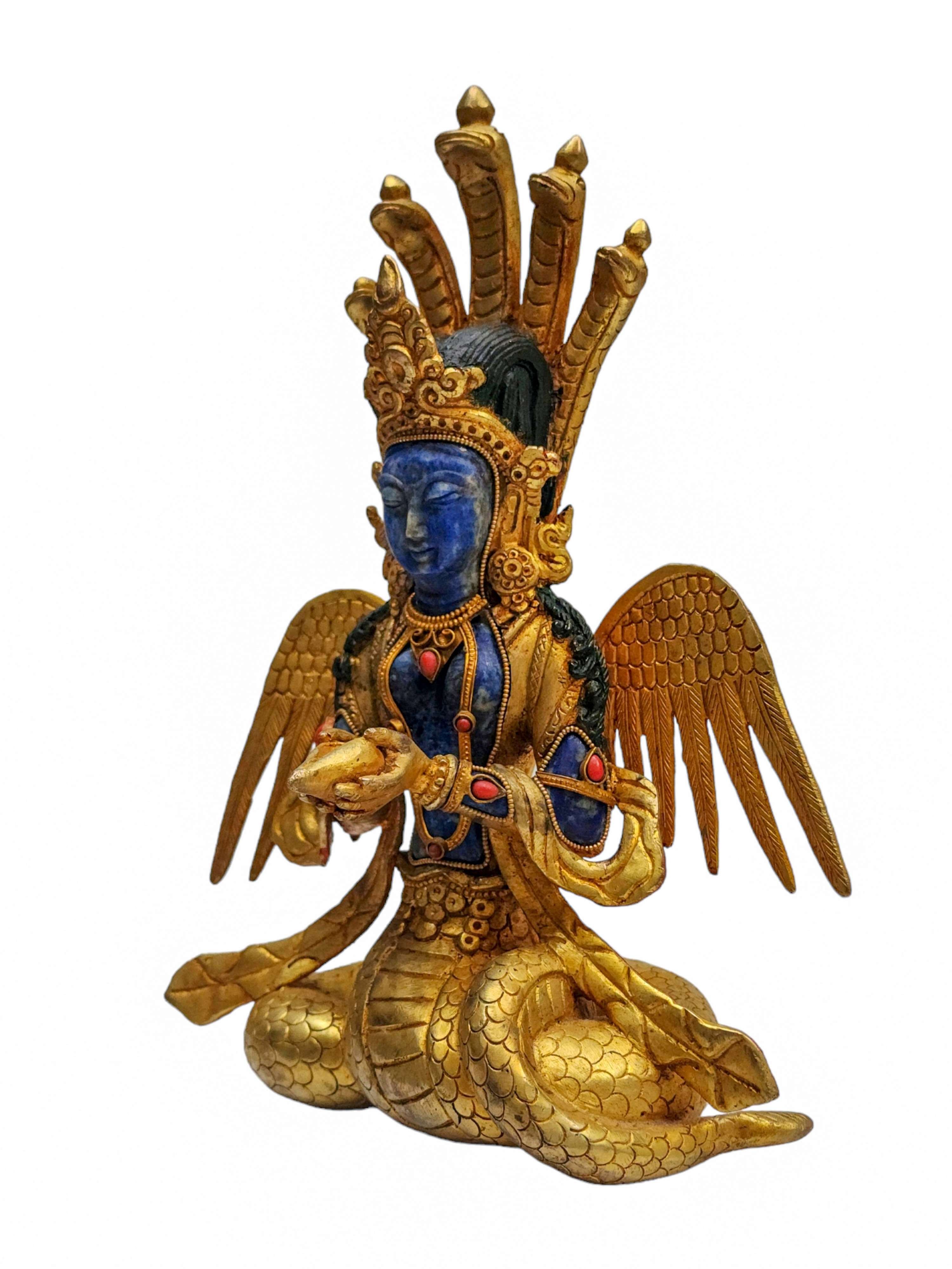 naga Kanya, Budhist Handmade Statue, partly Gold Plated, Lapis Lazuli