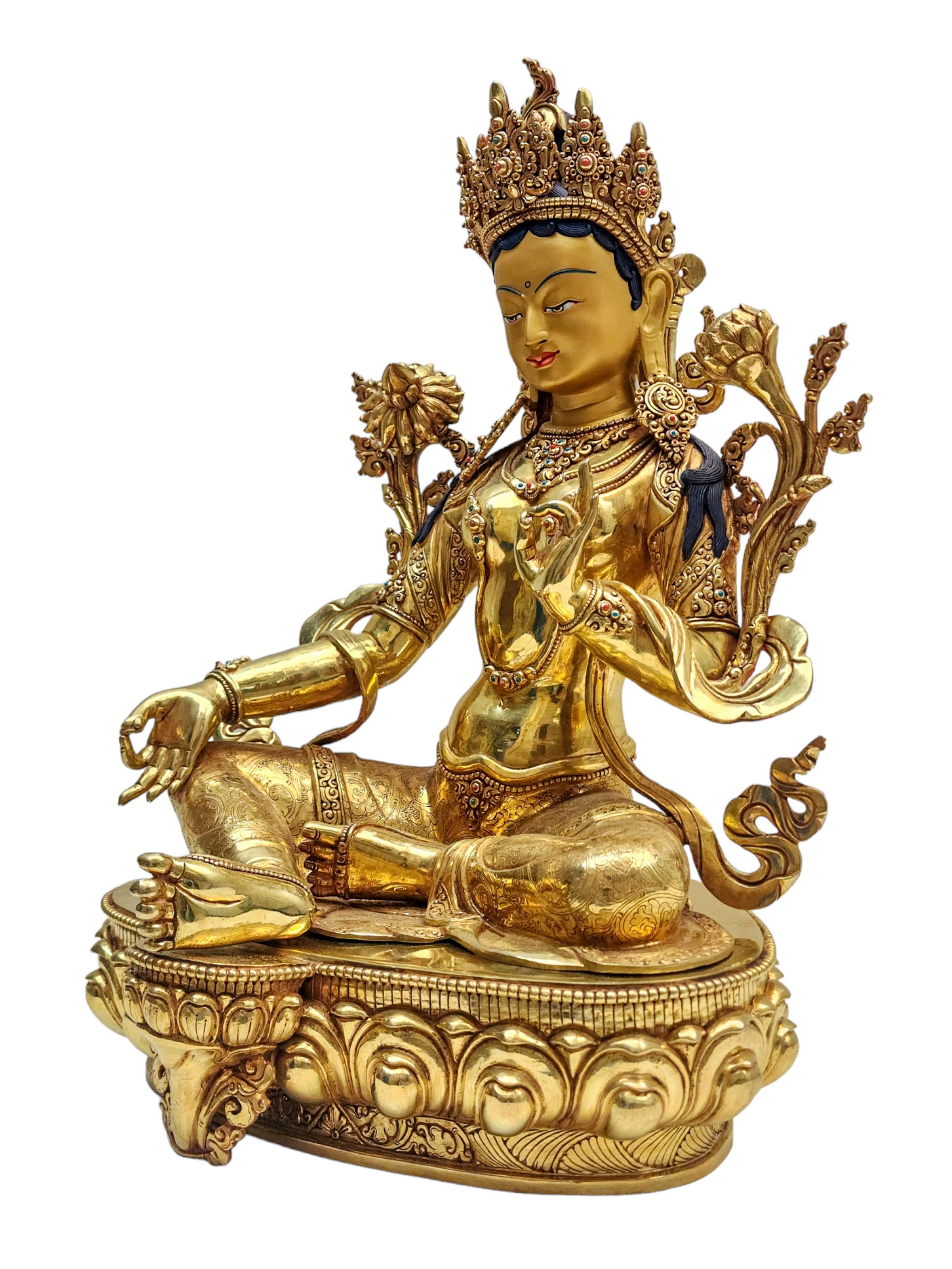 green Tara, Buddhist Handmade Statue, face Painted And gold Plated