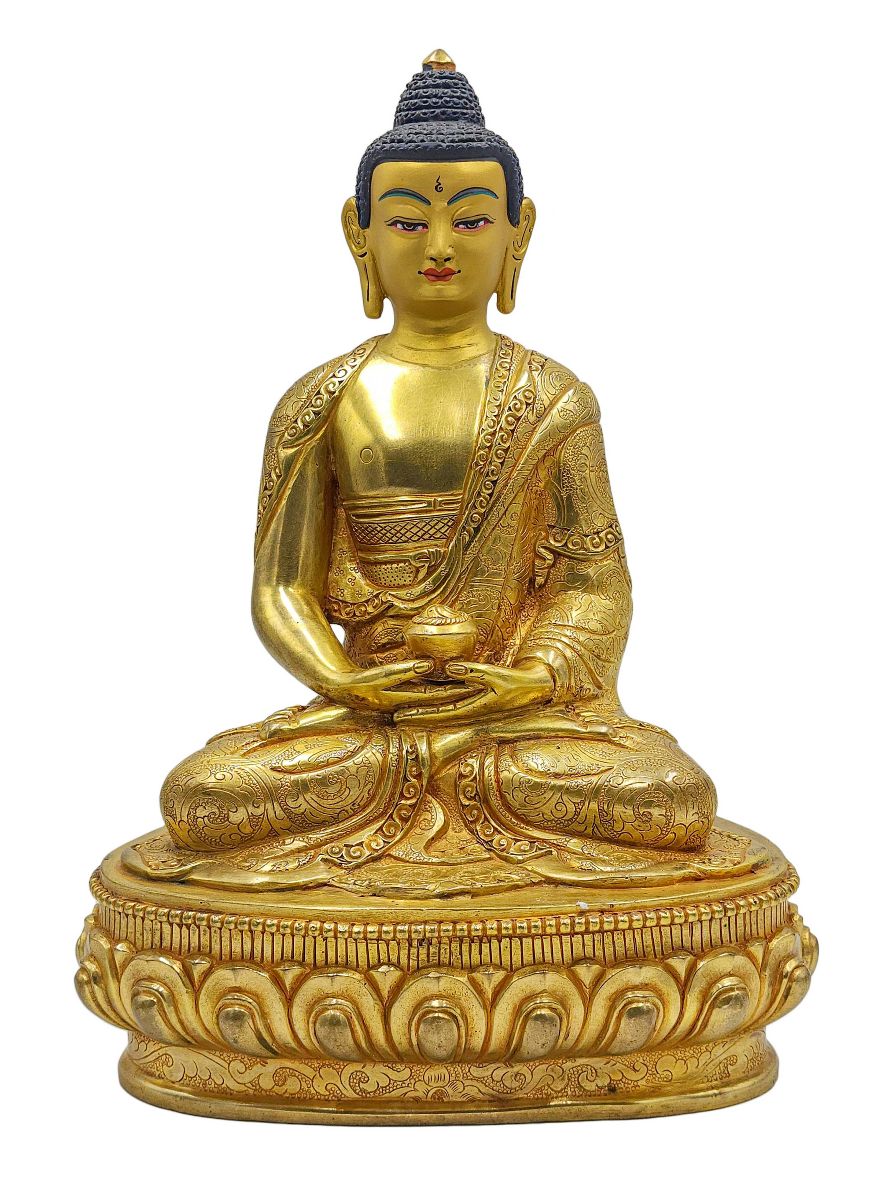 amitabha Buddha, Budhist Handmade Statue, face Painted And gold Plated